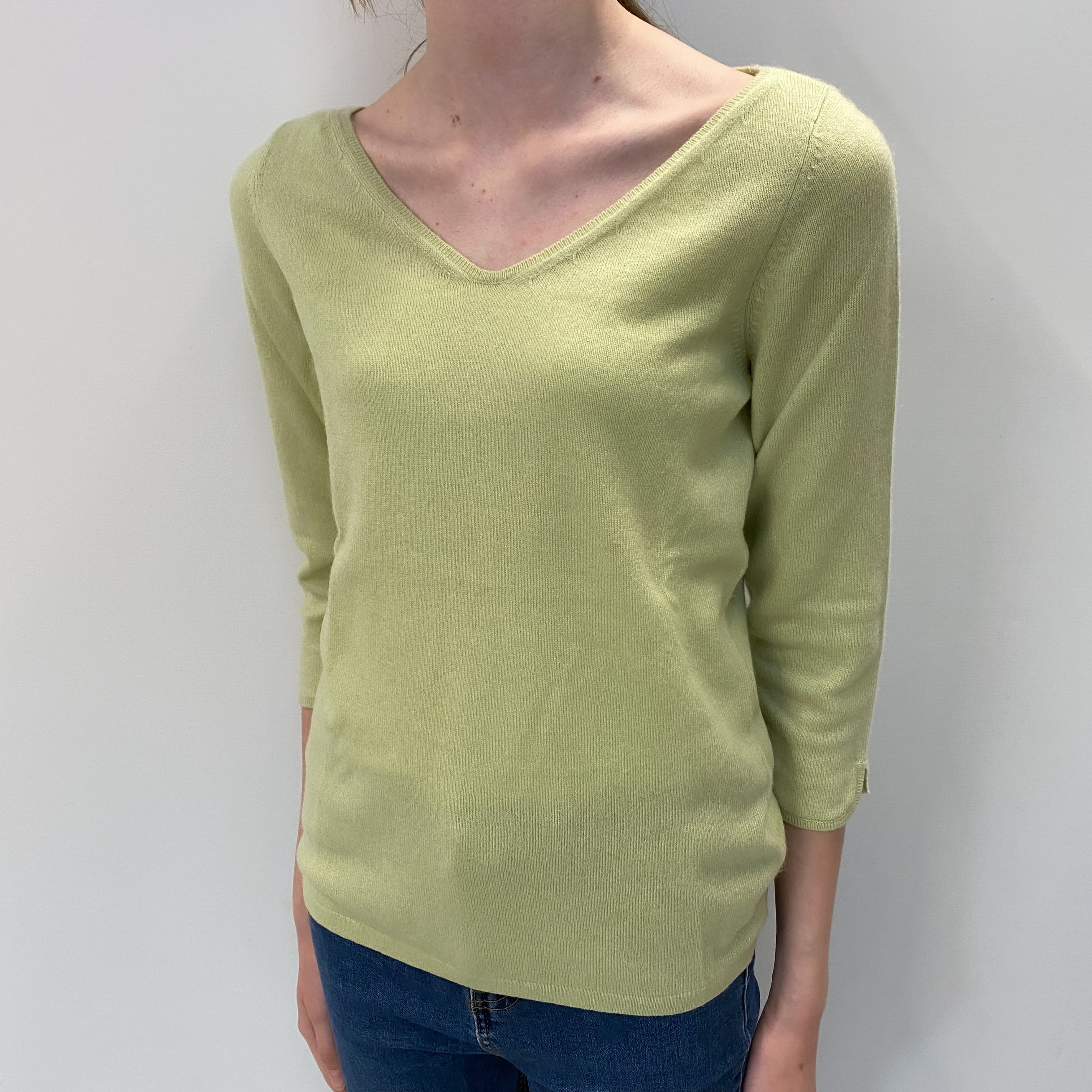 Soft Lime Green Cashmere Wide V Neck Jumper Extra Small
