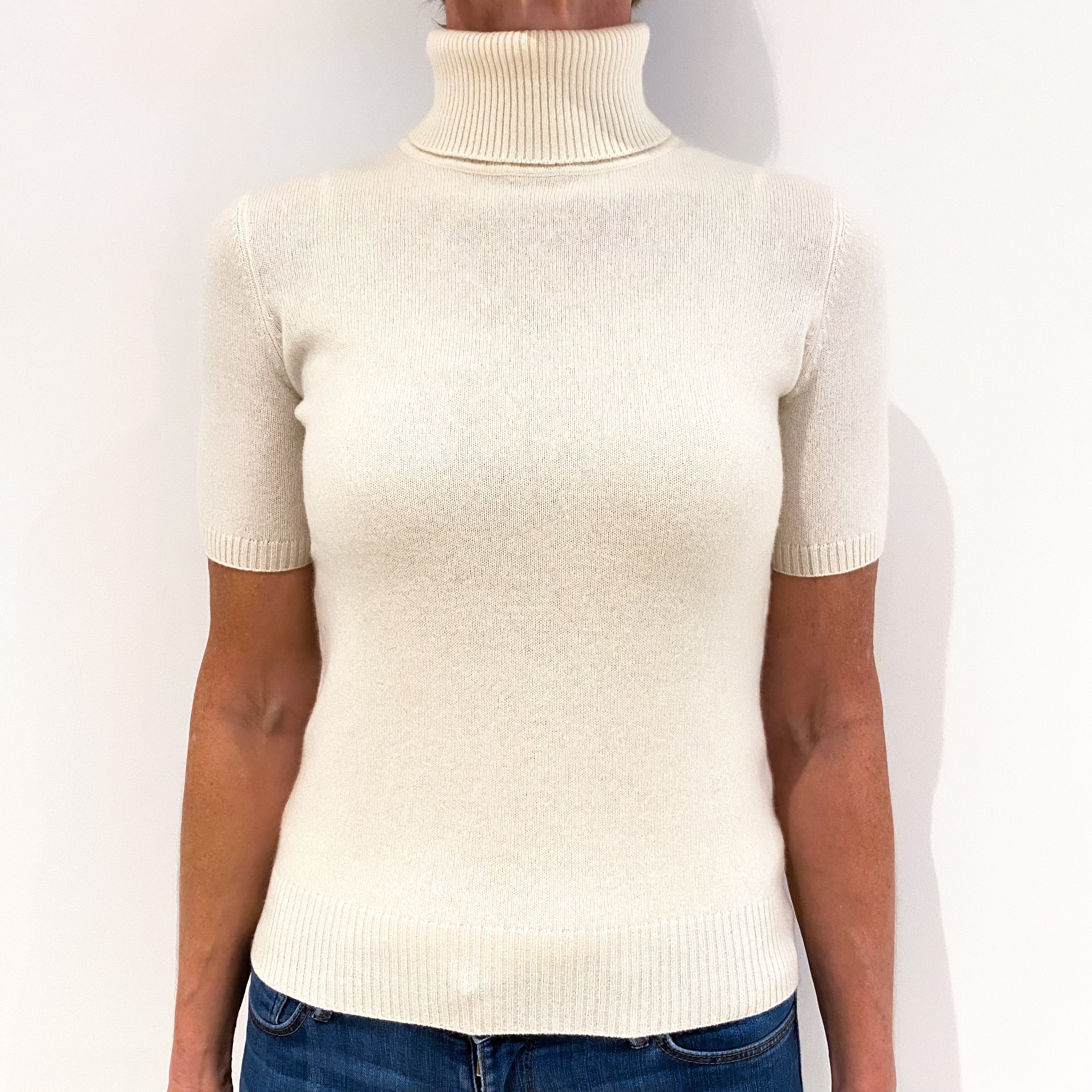 Cream Short Sleeved Cashmere Polo Neck Jumper Small