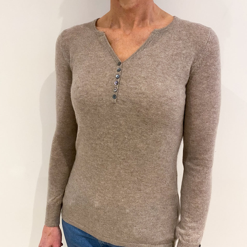 Biscuit Beige Cashmere Buttoned V Neck Jumper Small