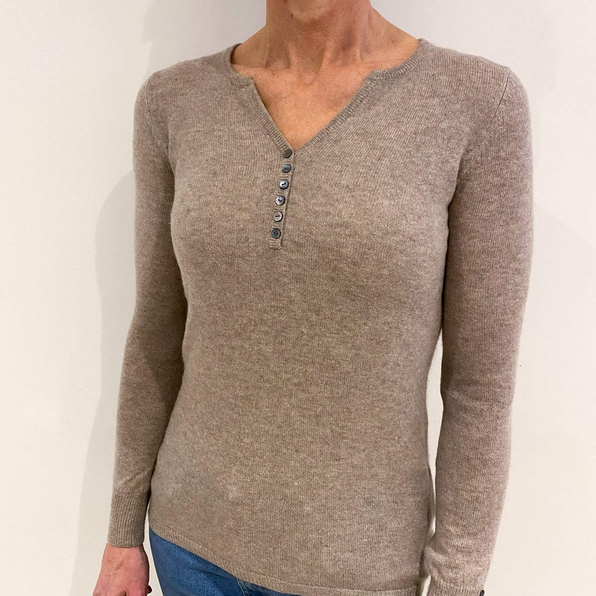 Biscuit Beige Cashmere Buttoned V Neck Jumper Small