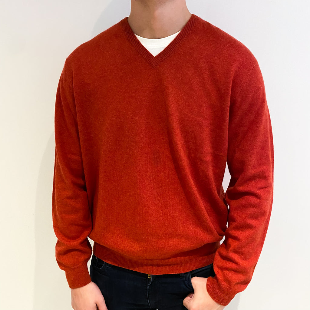 Men's Paprika Orange Cashmere V Neck Jumper XXL