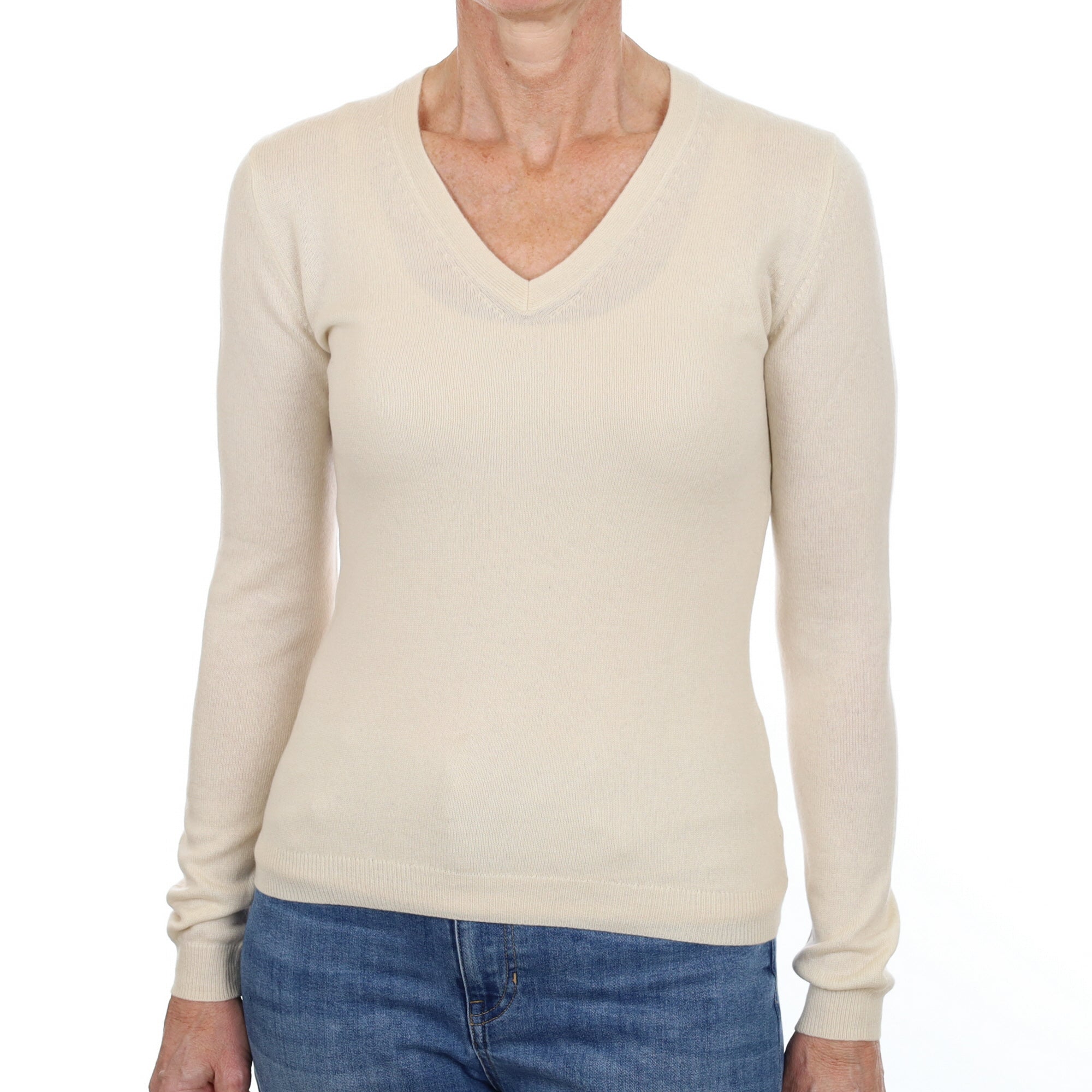 Vanilla Cream Cashmere V Neck Jumper Small
