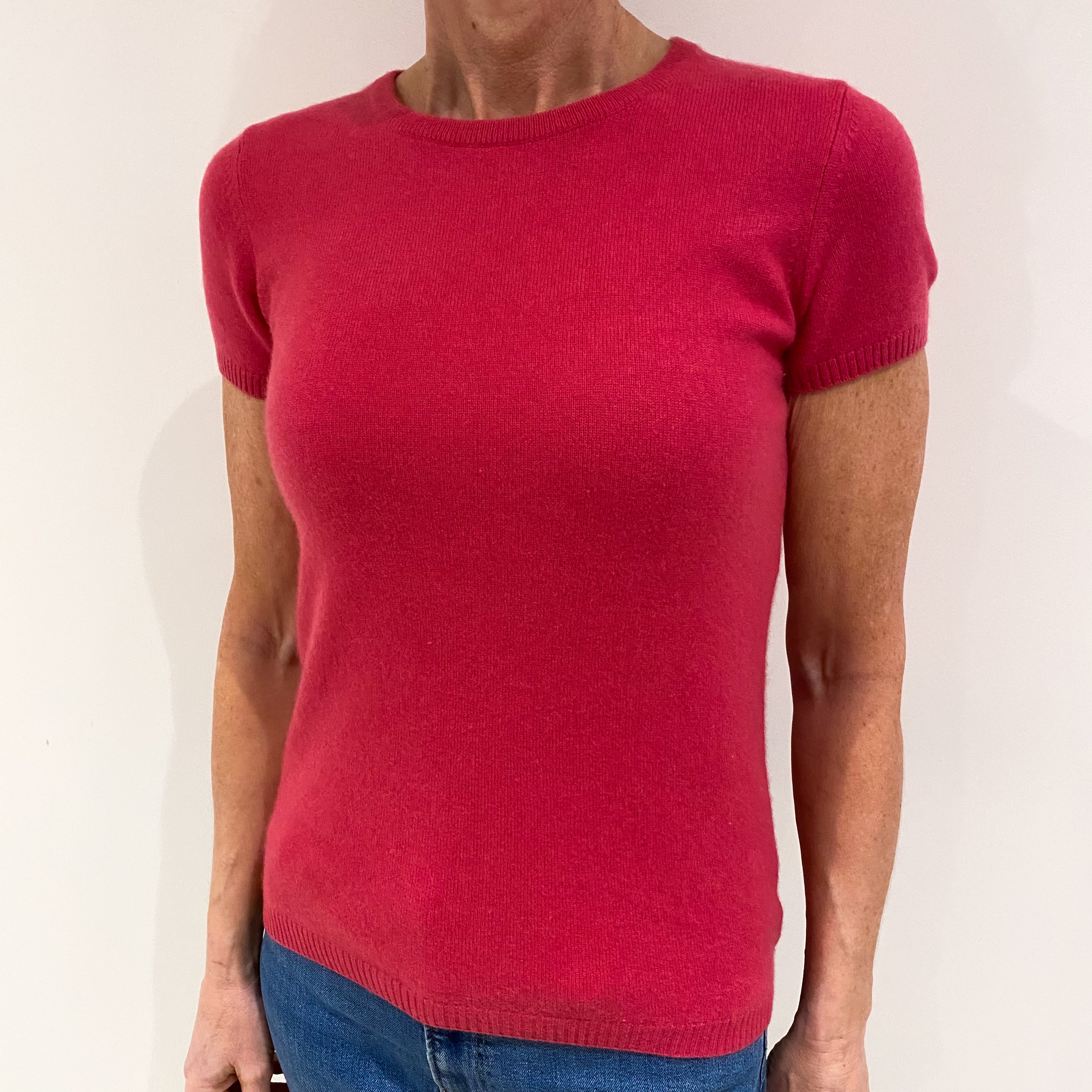 Raspberry Pink Cashmere Short Sleeved Crew Neck Jumper Small