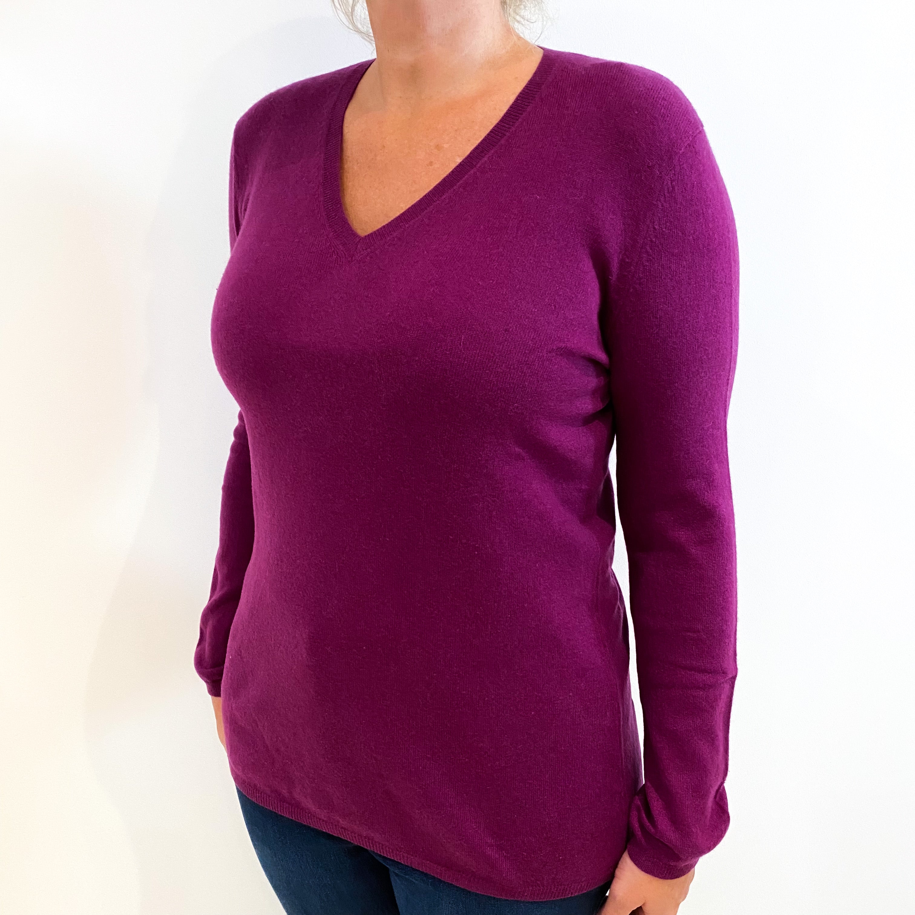 Plum Purple Cashmere V-Neck Jumper Large