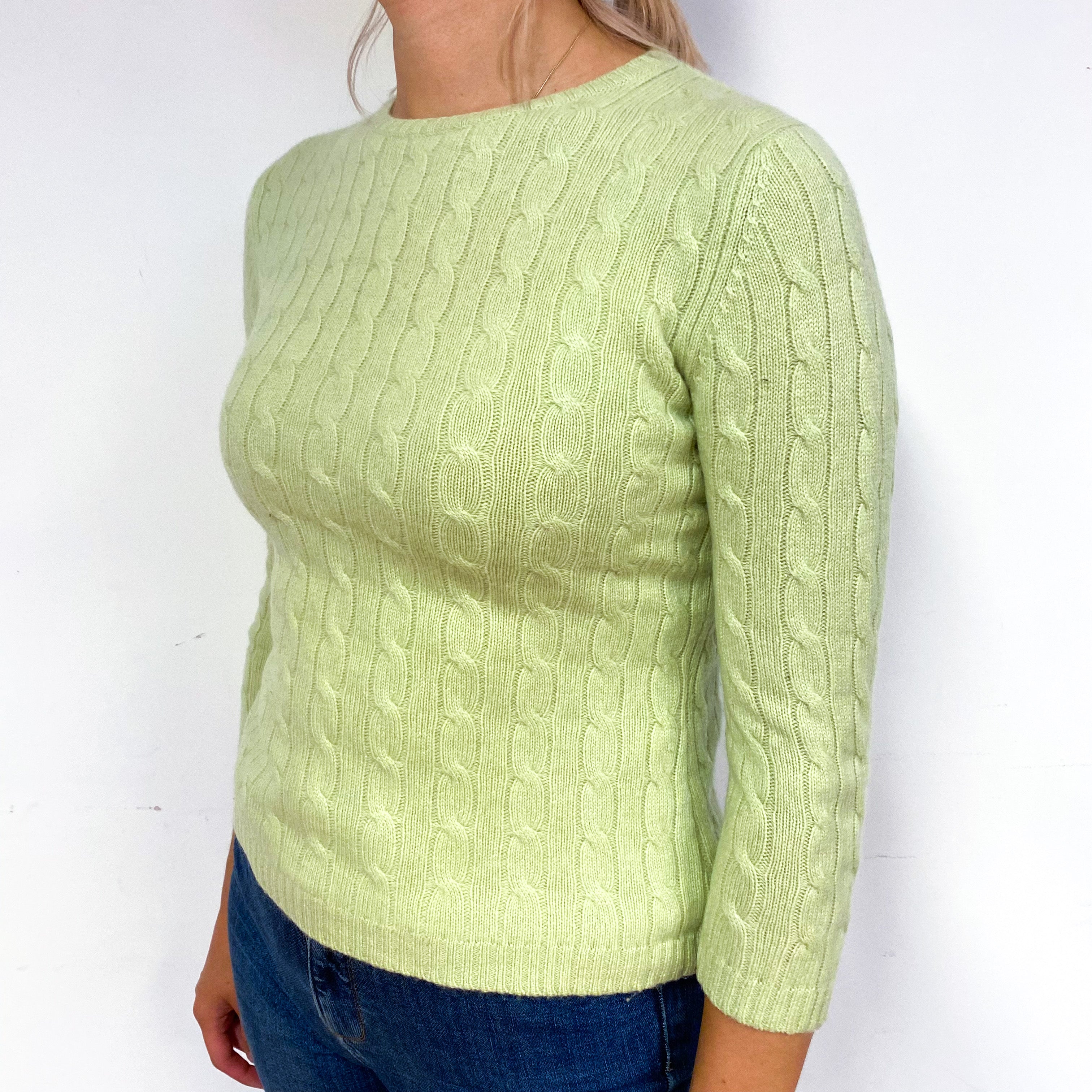 Soft Lime Green Cable Cashmere Crew Neck Jumper Small