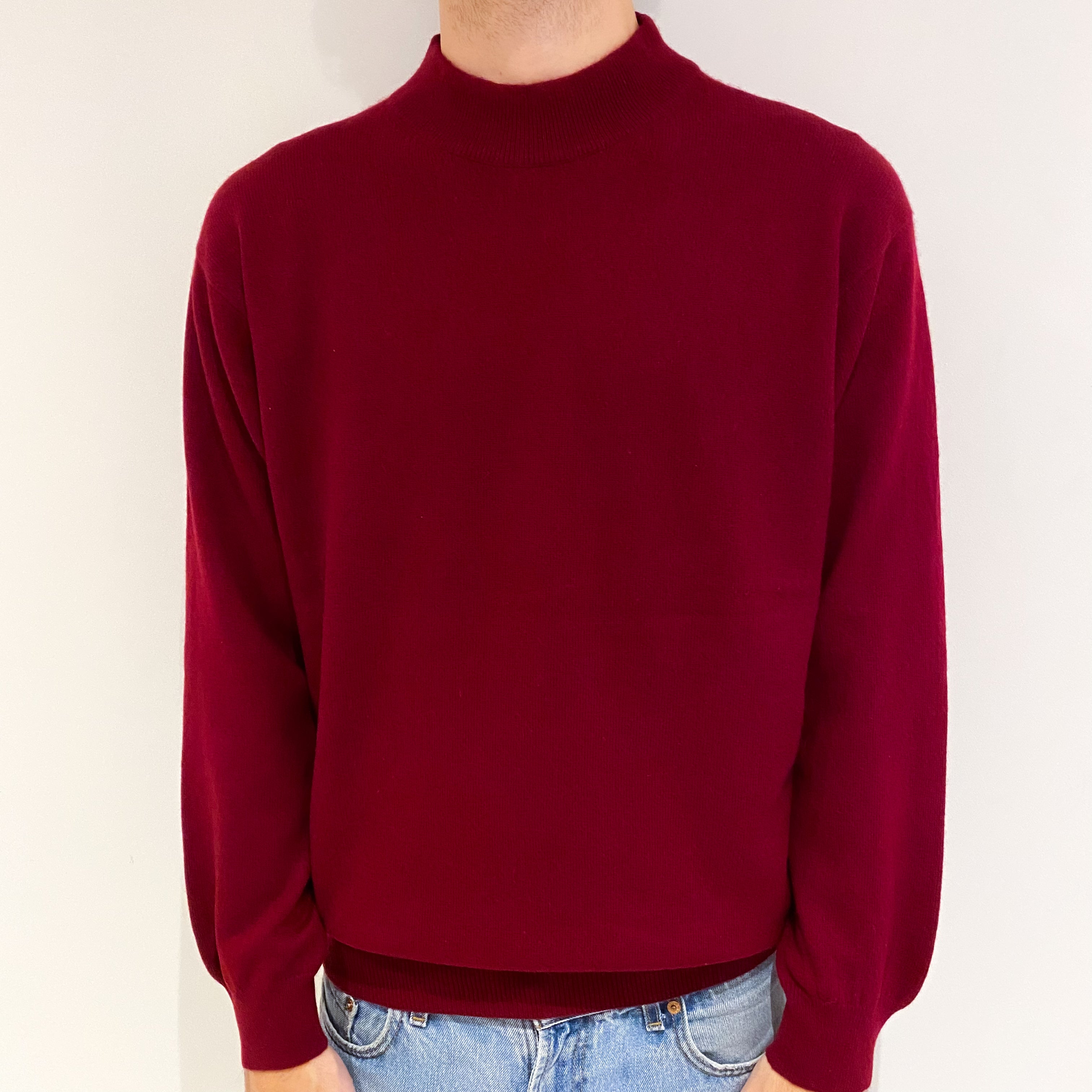 Men's Burgundy Red Cashmere Turtle Neck Jumper Large