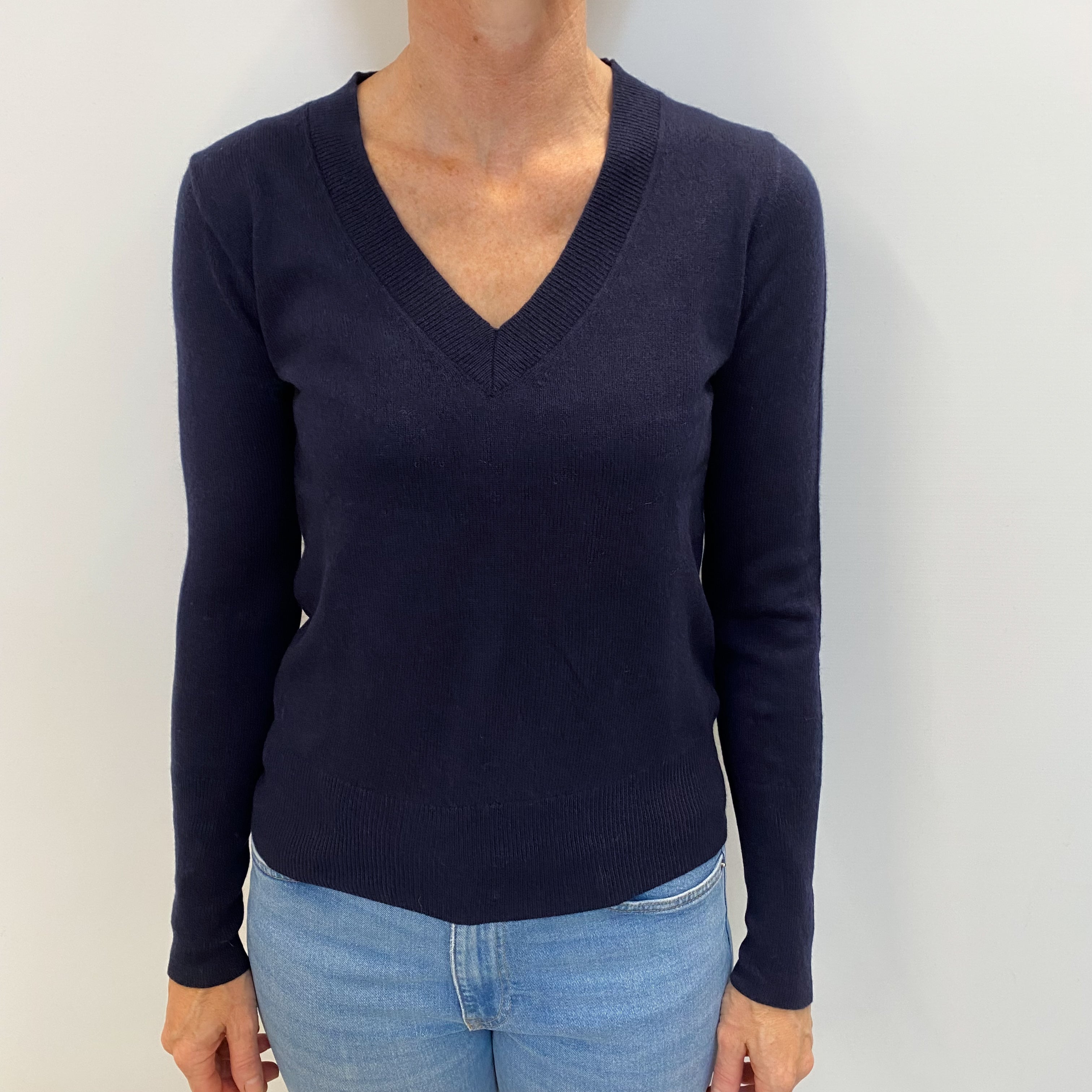 Navy Blue Cashmere V Neck Jumper Small