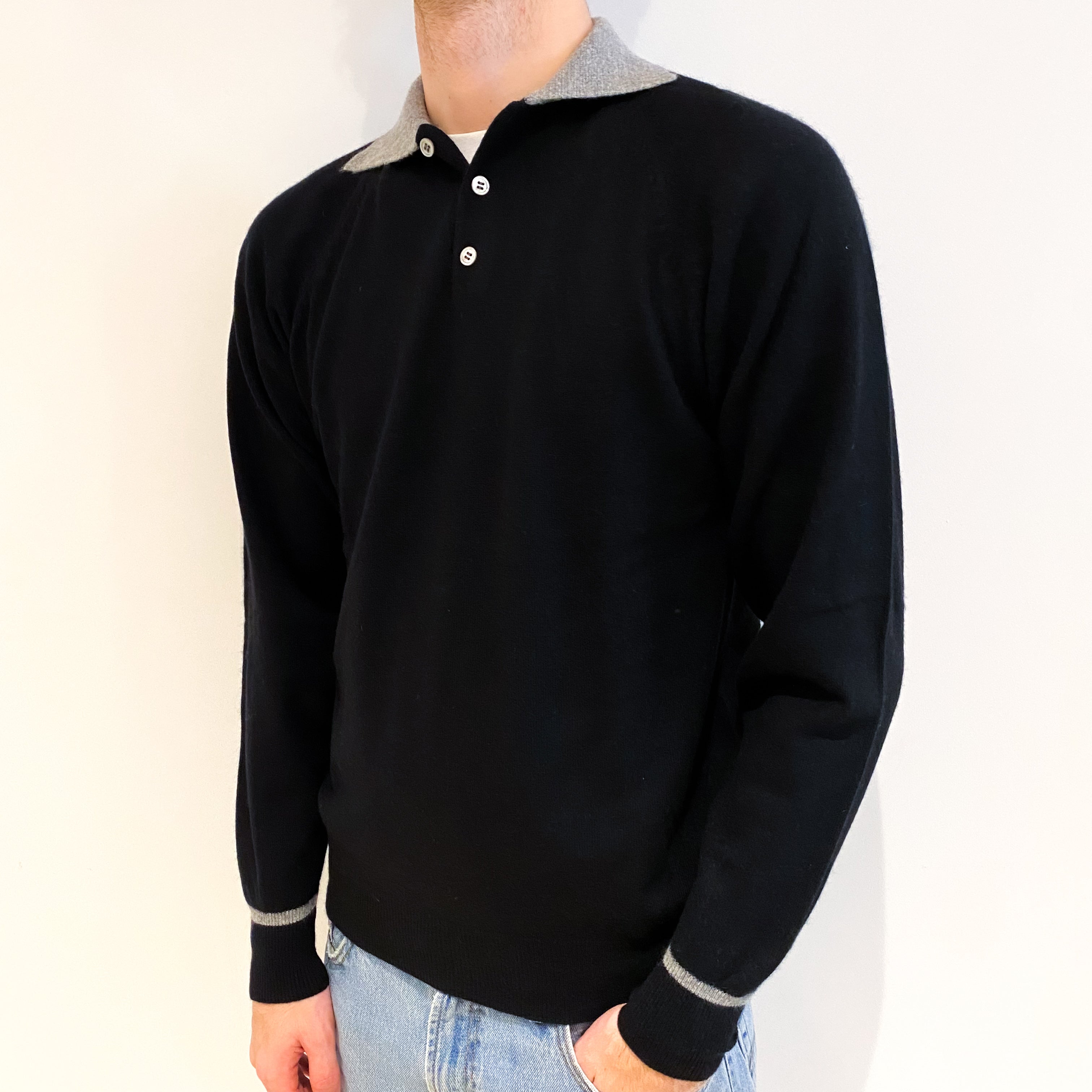 Men's Black And Grey Cashmere Button Up V Neck Jumper Medium