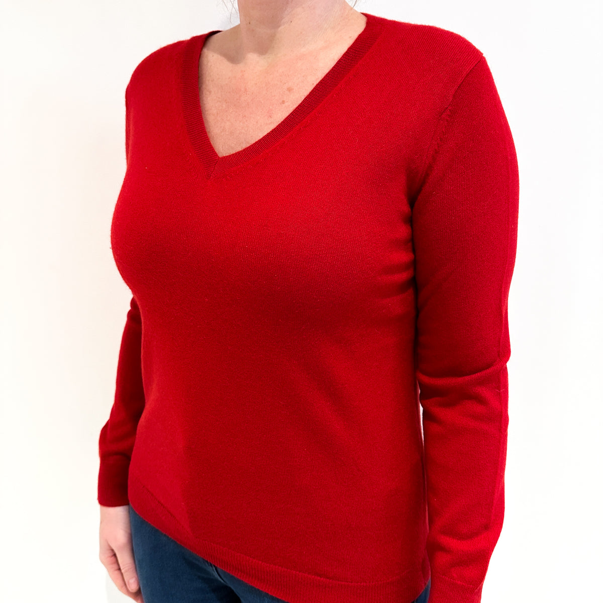 Post Box Red Cashmere V Neck Jumper Large