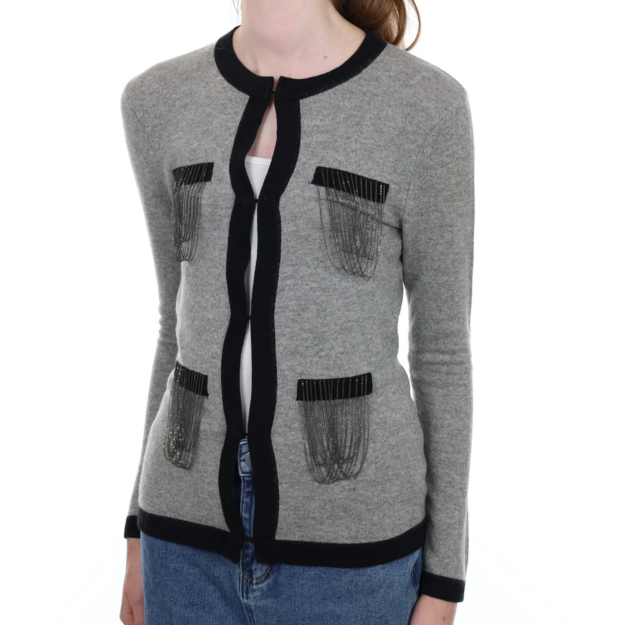 Grey and Black Tassel Cashmere Cardigan Extra Small