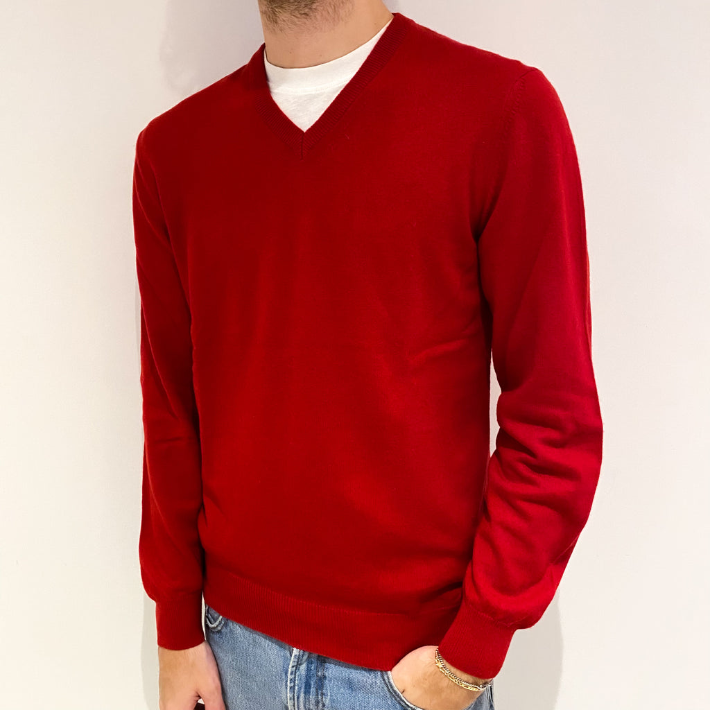 Men's Scarlet Red Cashmere V Neck Jumper Medium