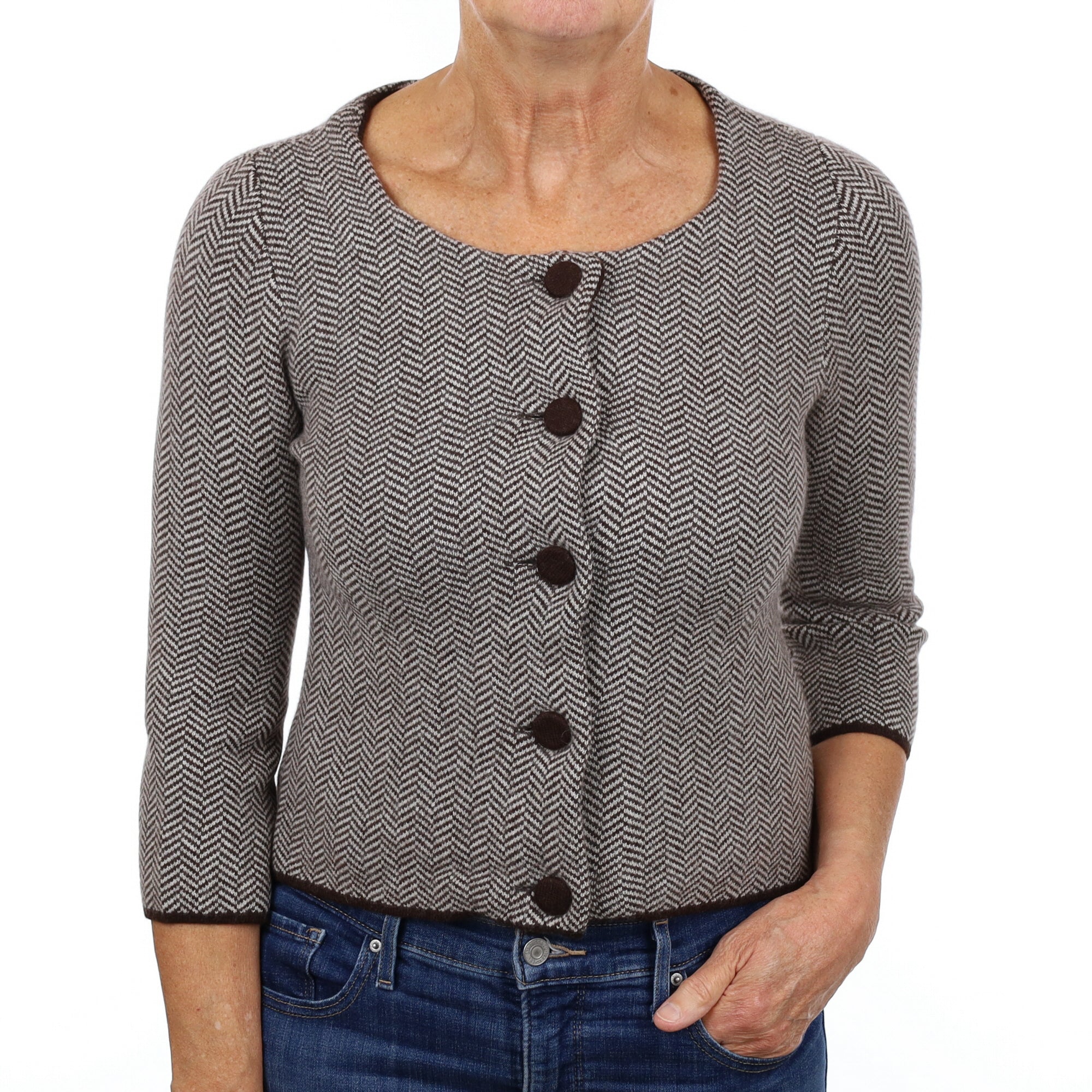 Bitter Chocolate Herringbone Cashmere Scoop Neck Jacket Medium