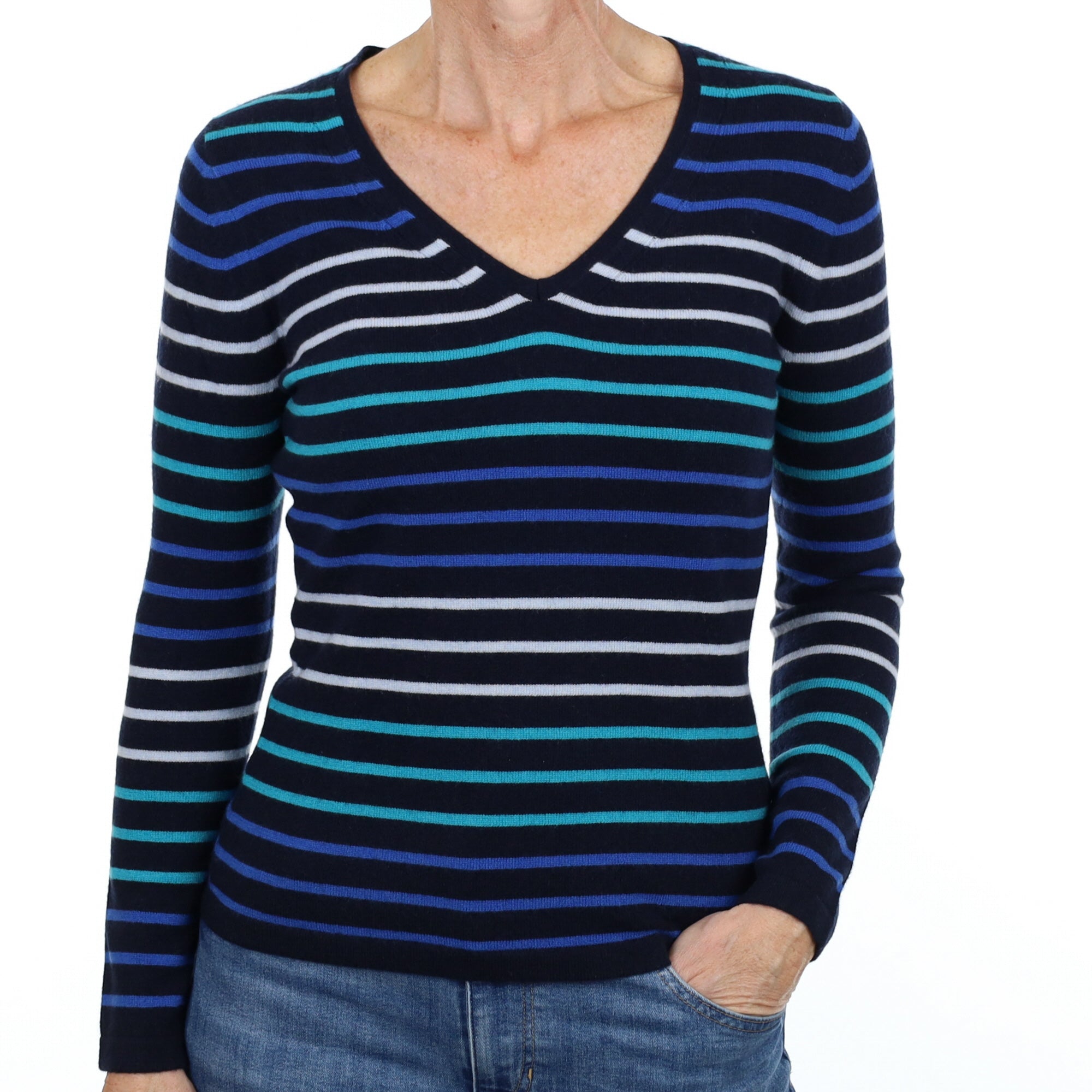 New Navy and Blue Striped Cashmere V Neck Jumper Small