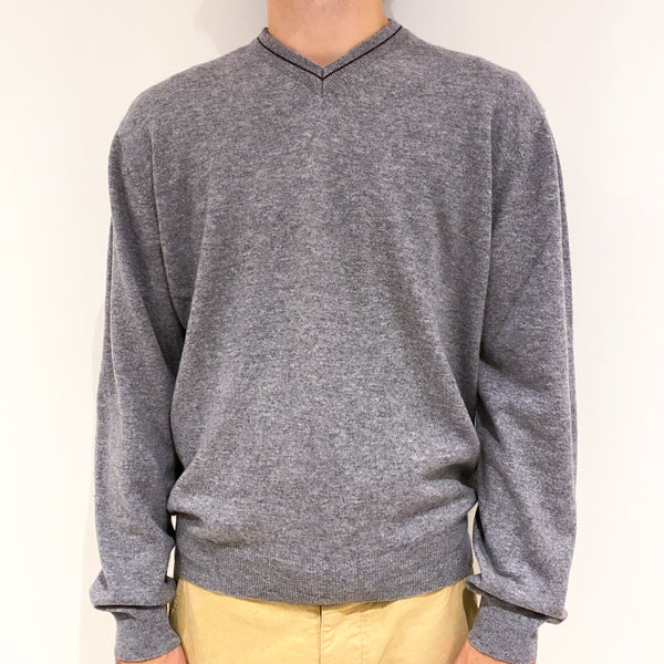 Men's Ash Grey Elbow Patch Cashmere V-Neck Jumper Large