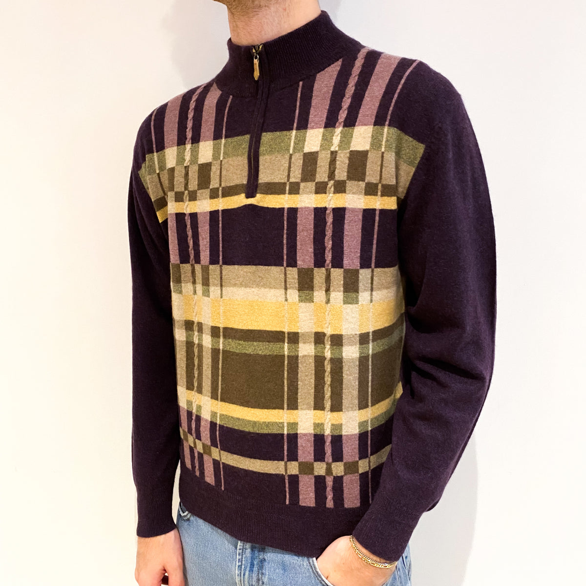 Men's Deep Lavender Checked Cashmere 1/4 Zip Up V Neck Jumper Medium