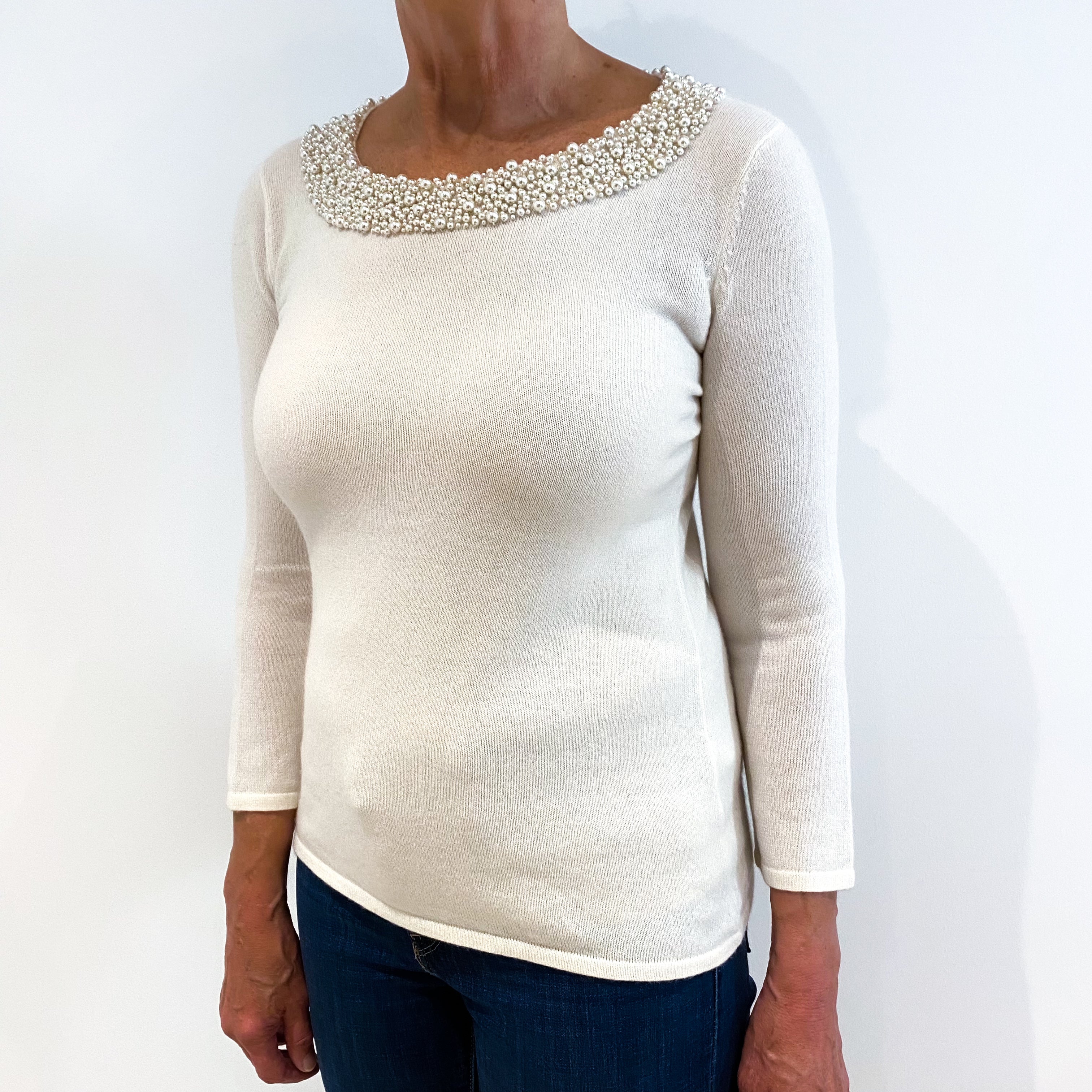 Cream Pearl Embellished Neckline Cashmere Crew  Neck Jumper Medium