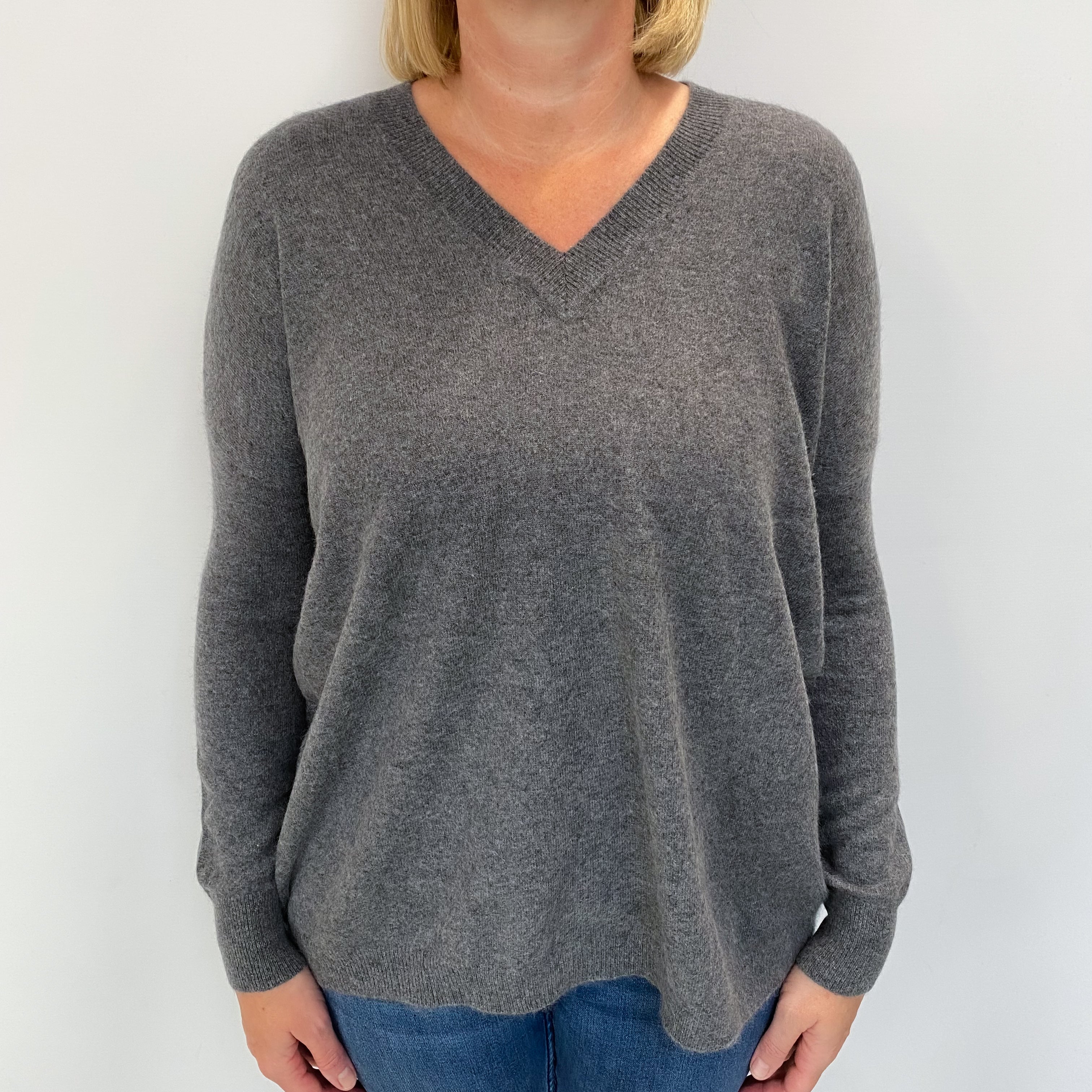Slate Grey Cashmere V Neck Jumper Large