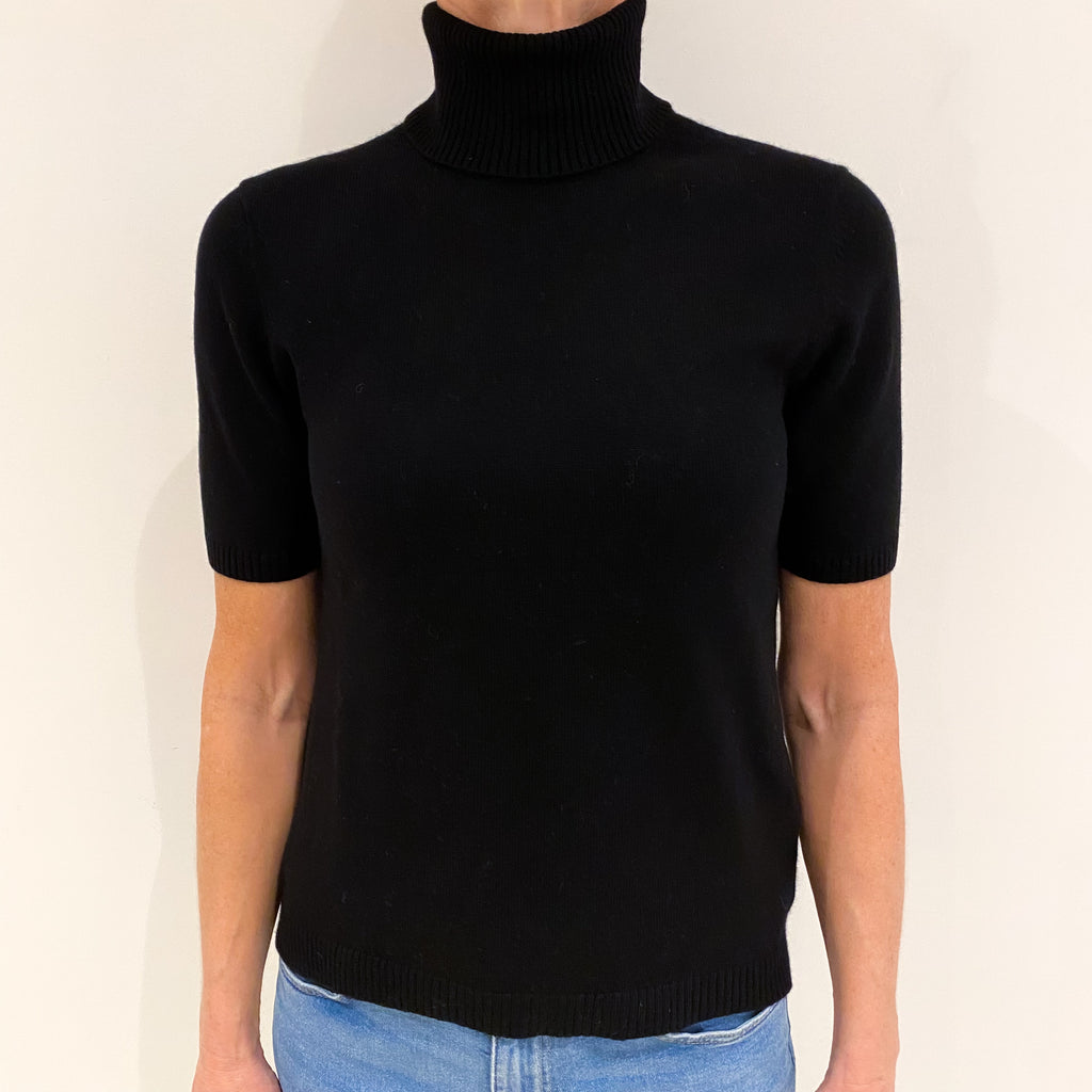 Black Cashmere Short Sleeved Polo Neck Jumper Small