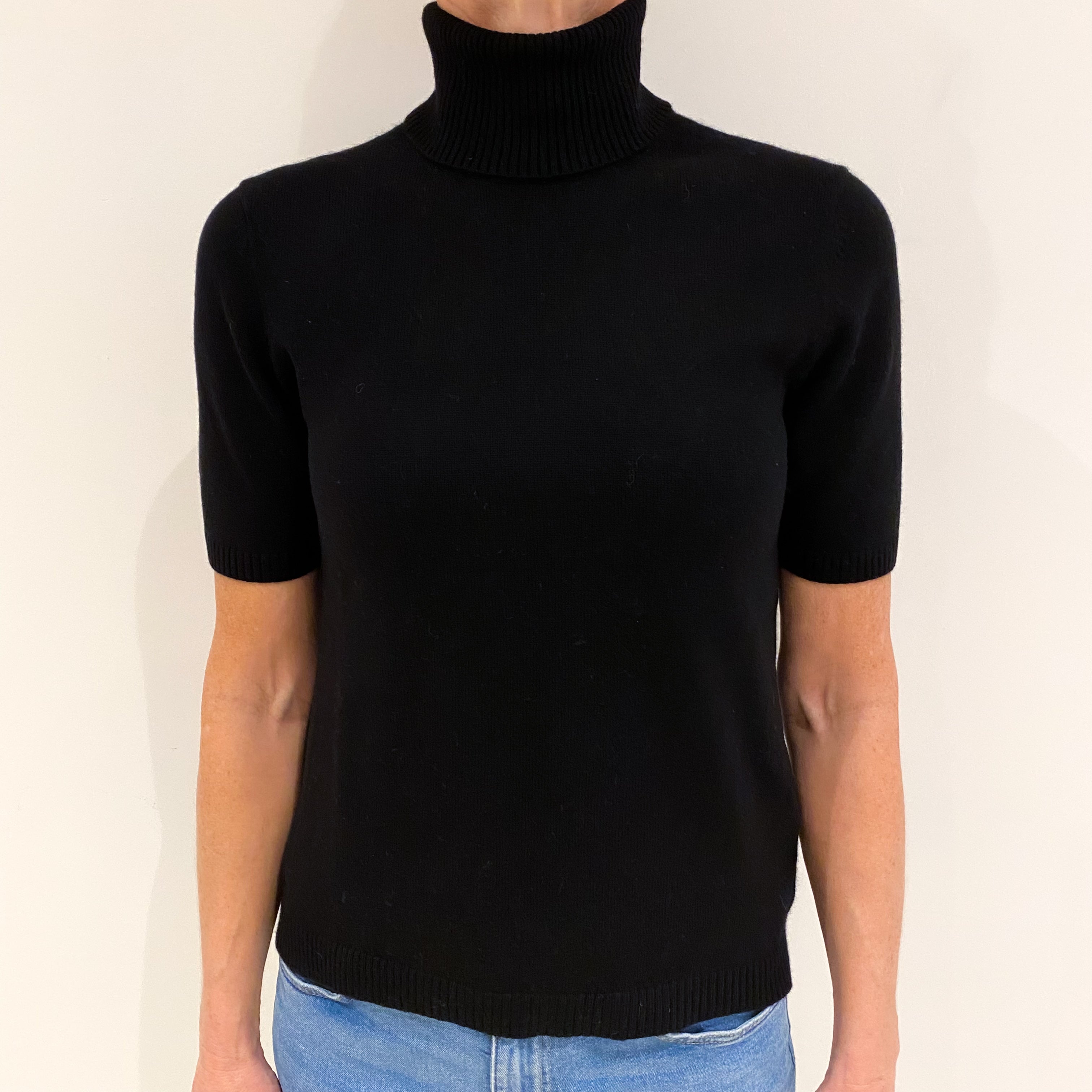 Black Cashmere Short Sleeved Polo Neck Jumper Small