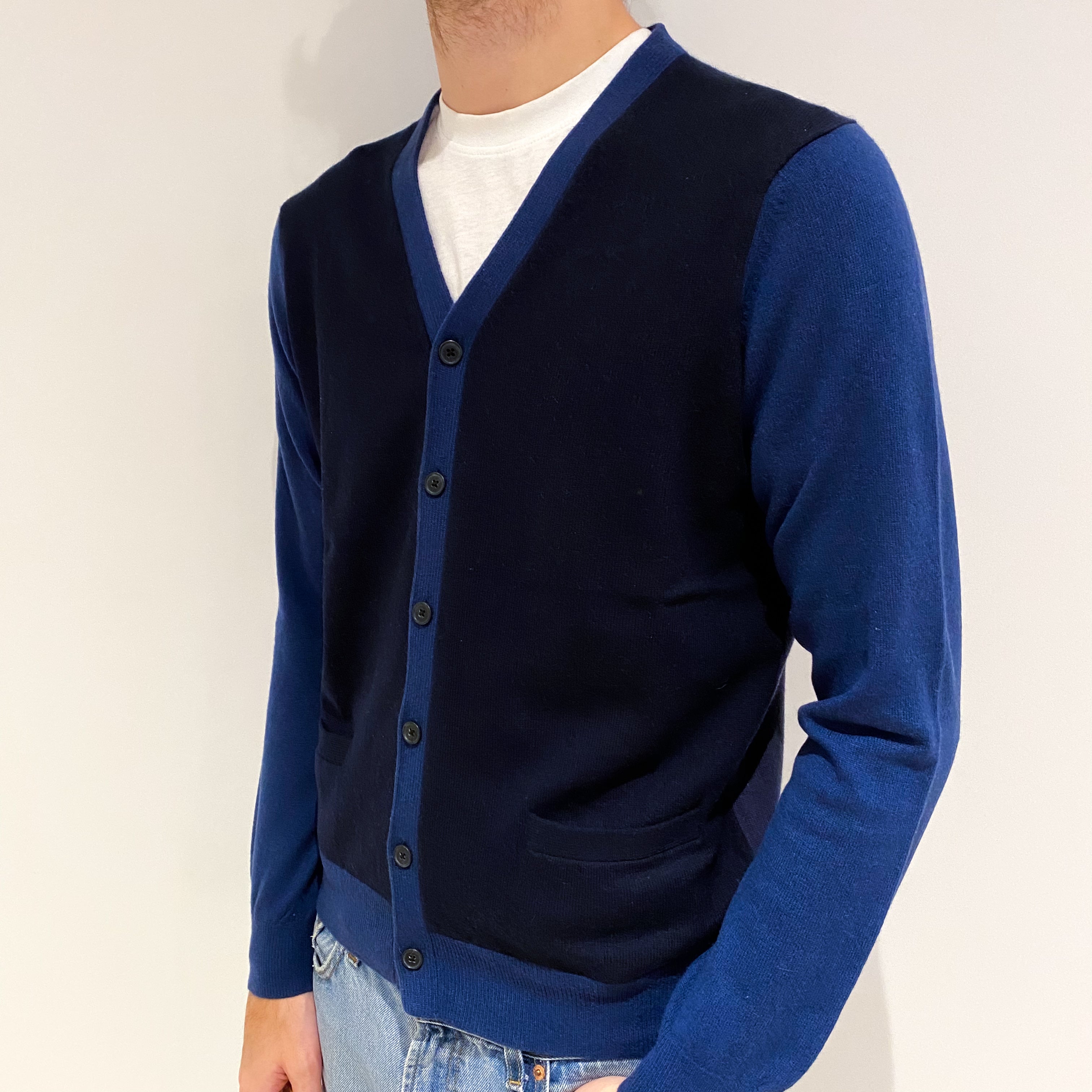 Men's Blue Colour Block Cashmere V Neck Cardigan Medium