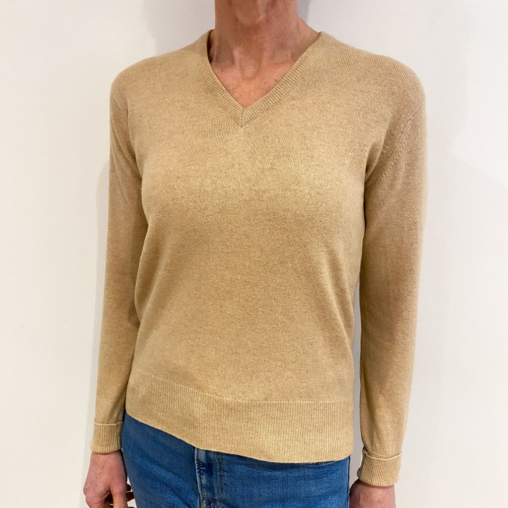 Vintage Scottish Sand Beige Cashmere V Neck Jumper Small