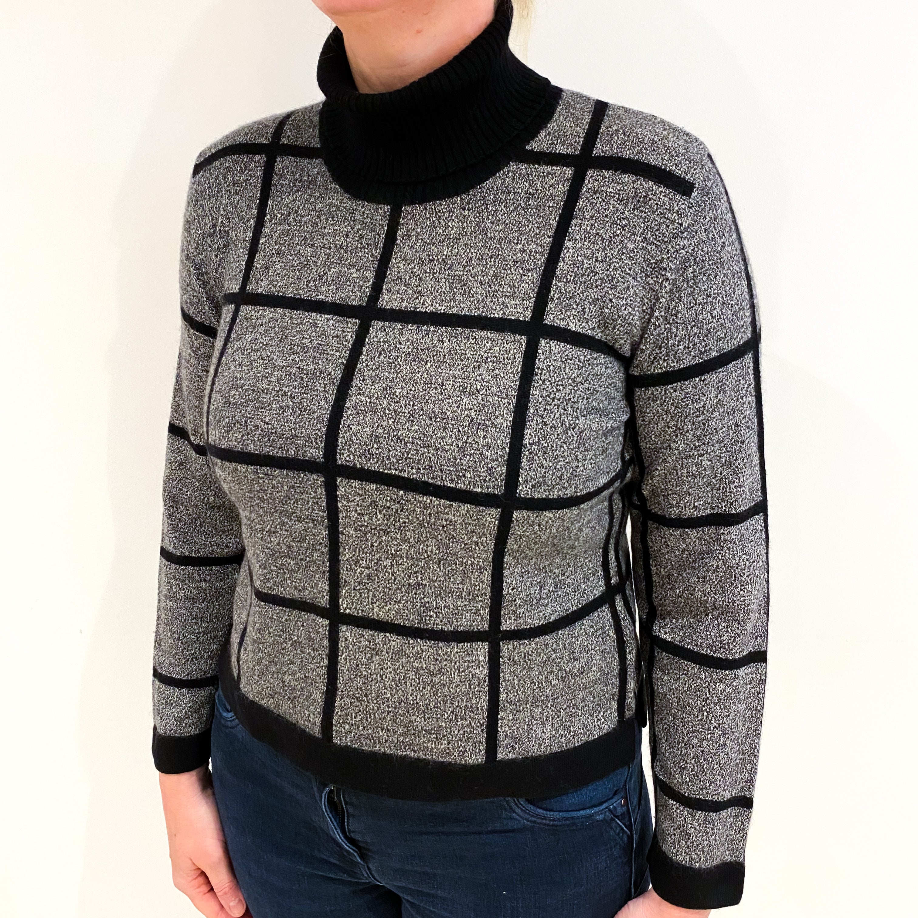 Grey and Black Checked Cashmere Polo Neck Jumper Large