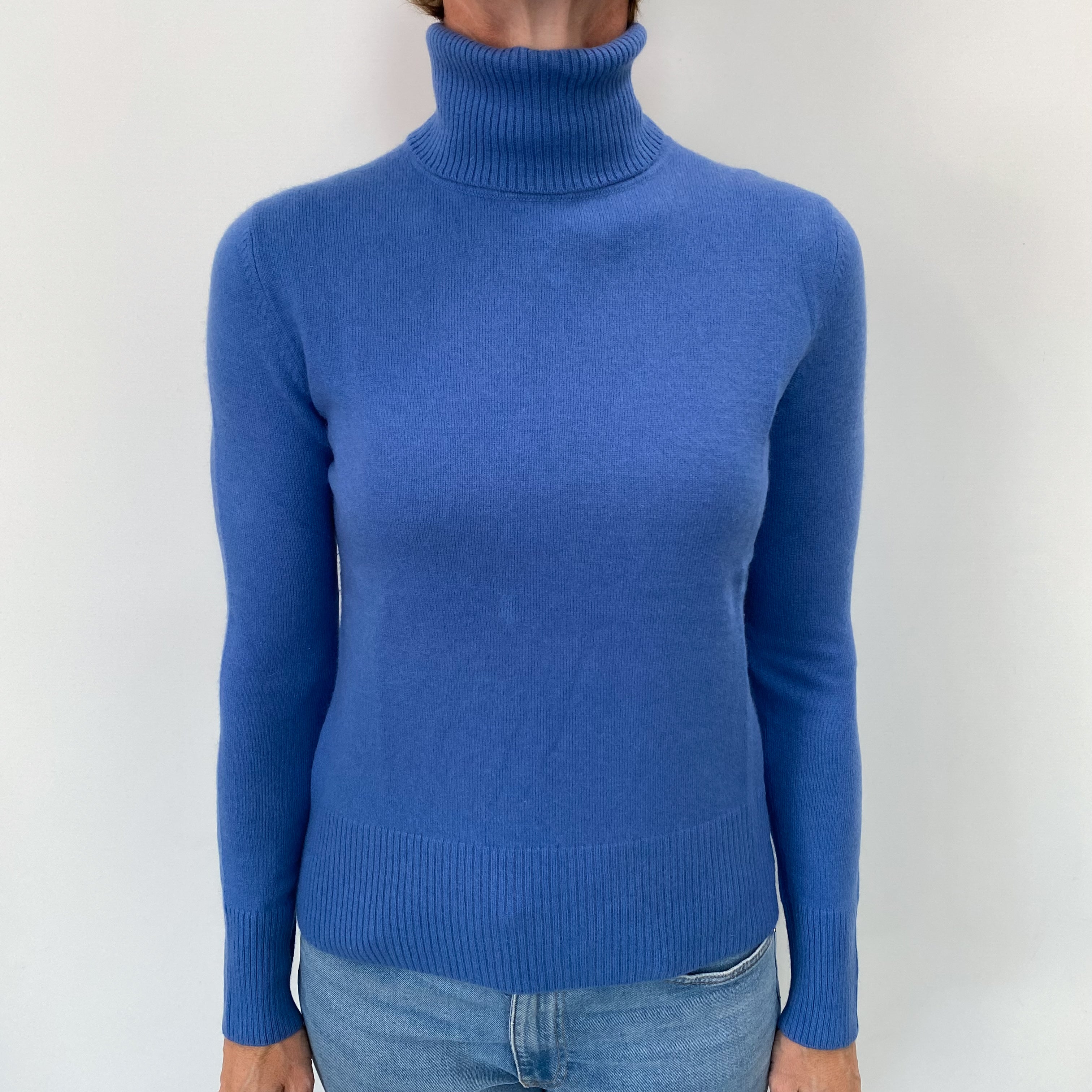 Tanzanite Blue Cashmere Polo Neck Jumper Small