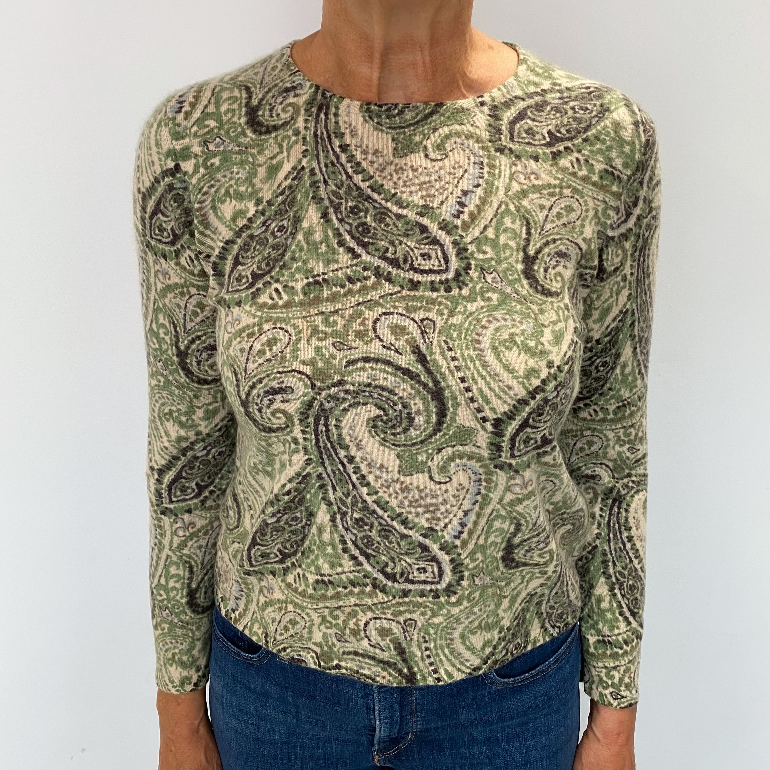 Sage Green Paisley Patterned Cashmere Crew Neck Jumper Medium