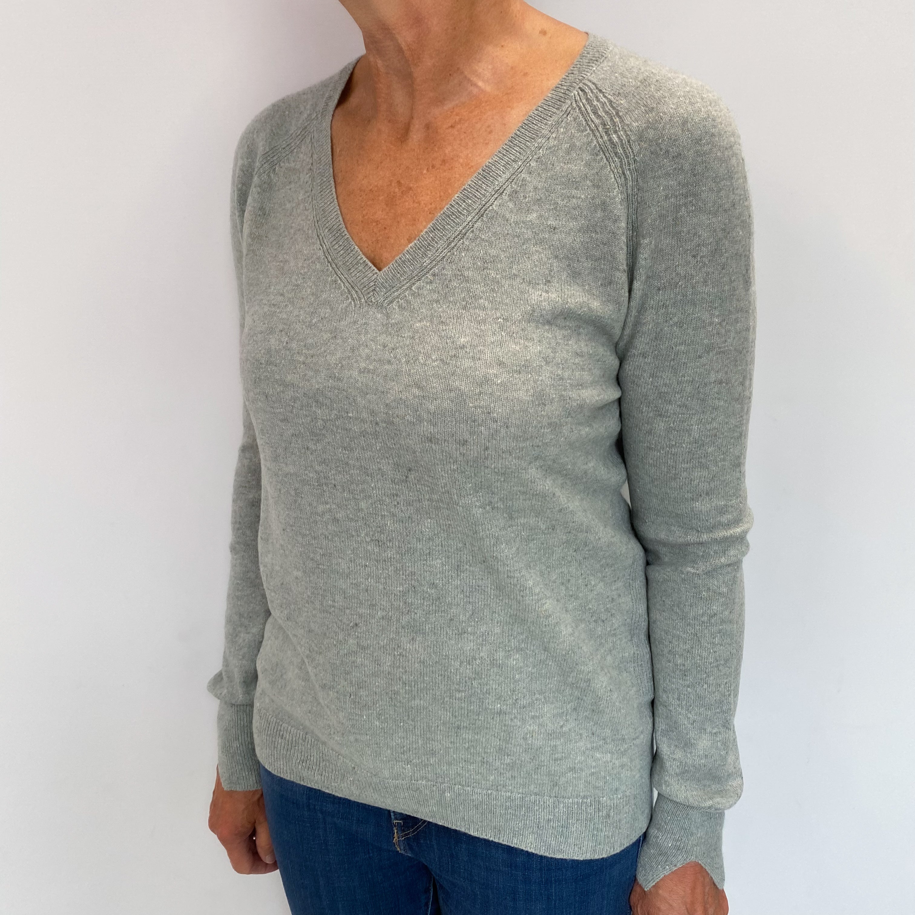 Pale Sage Green Cashmere V Neck Jumper Medium