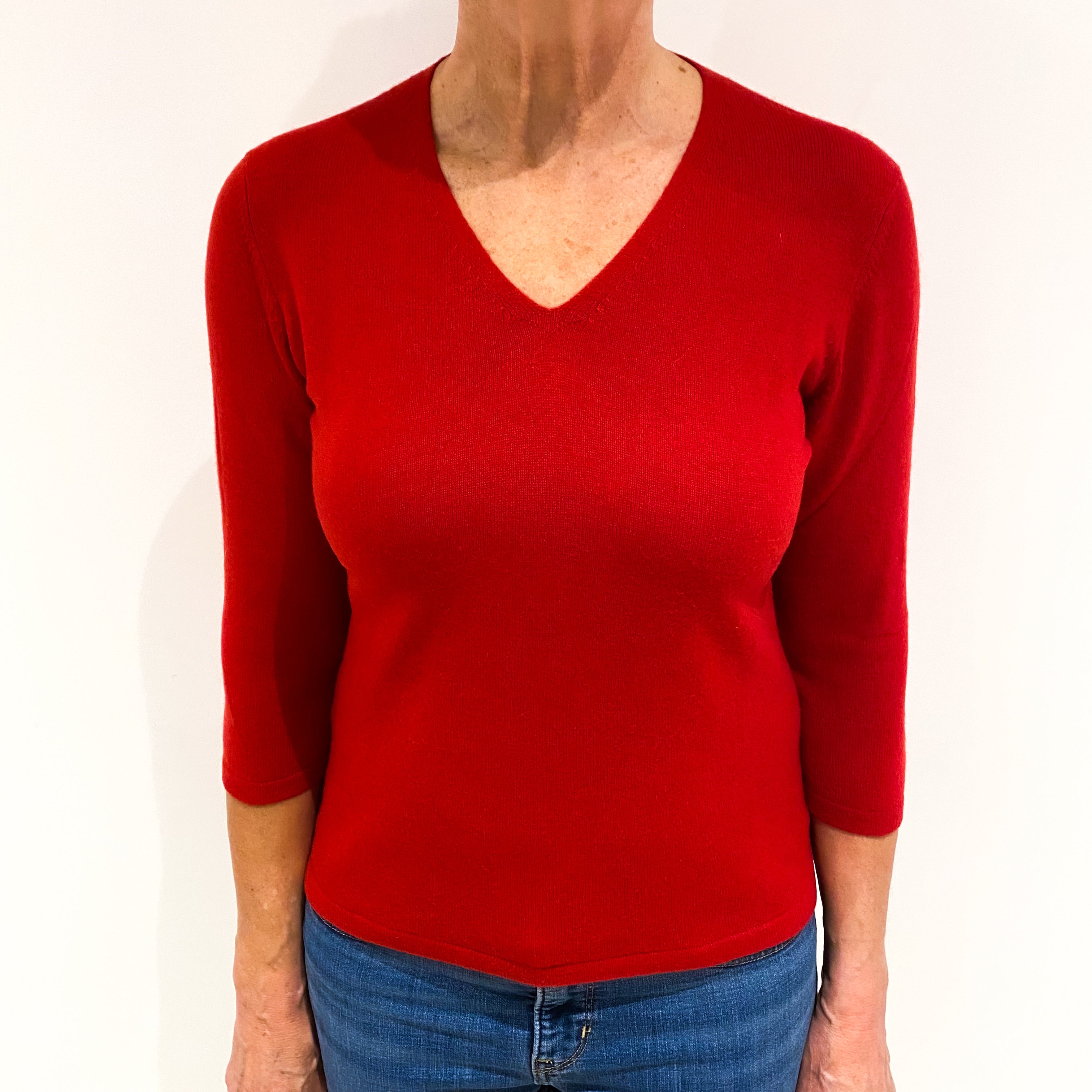 Post Box Red 3/4 Sleeve Cashmere V Neck Jumper Medium