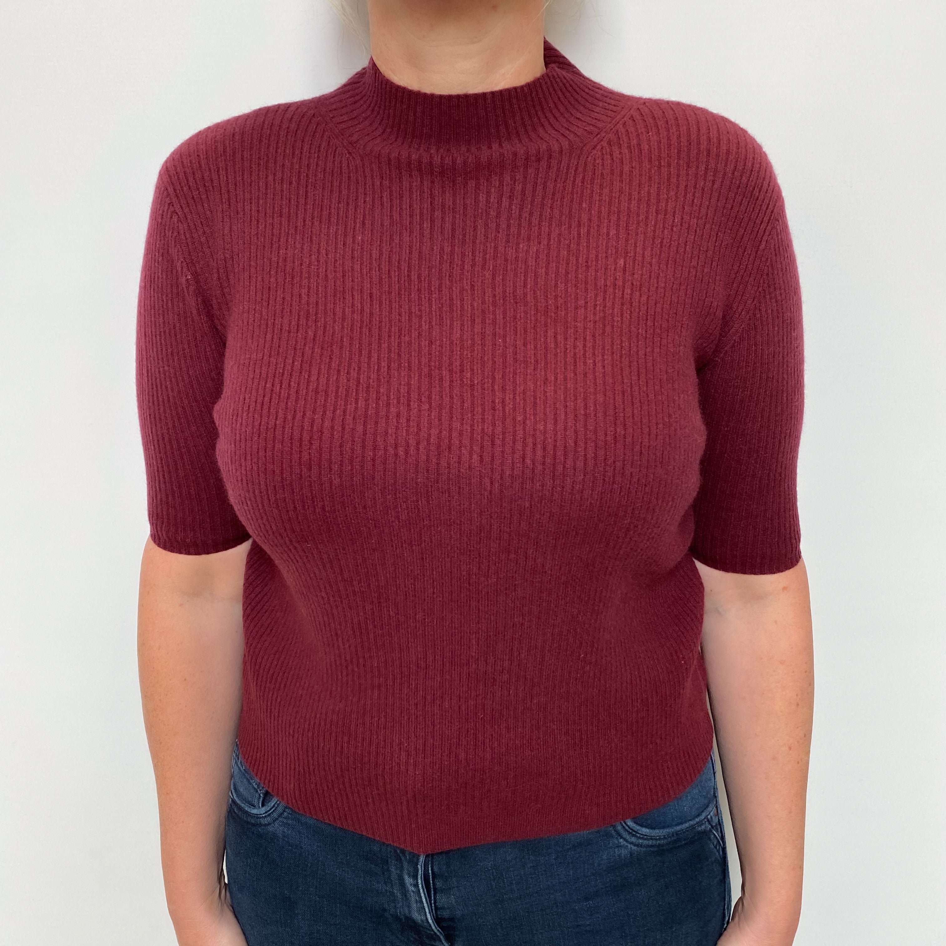 Claret Red Rib Cashmere Short Sleeve Turtle Neck Jumper Large