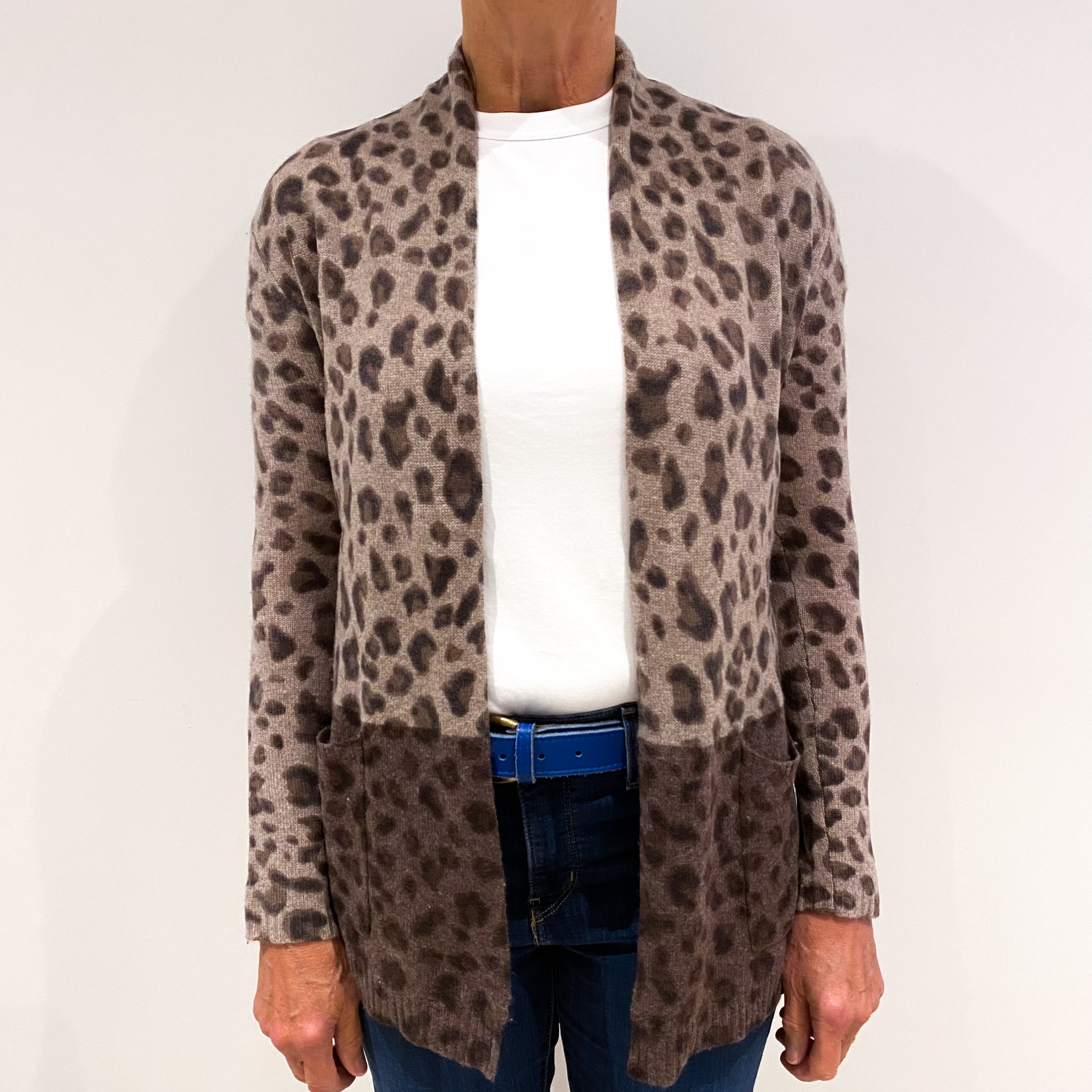 Brown Leopard Print Cashmere Edge to Edge Cardigan Medium