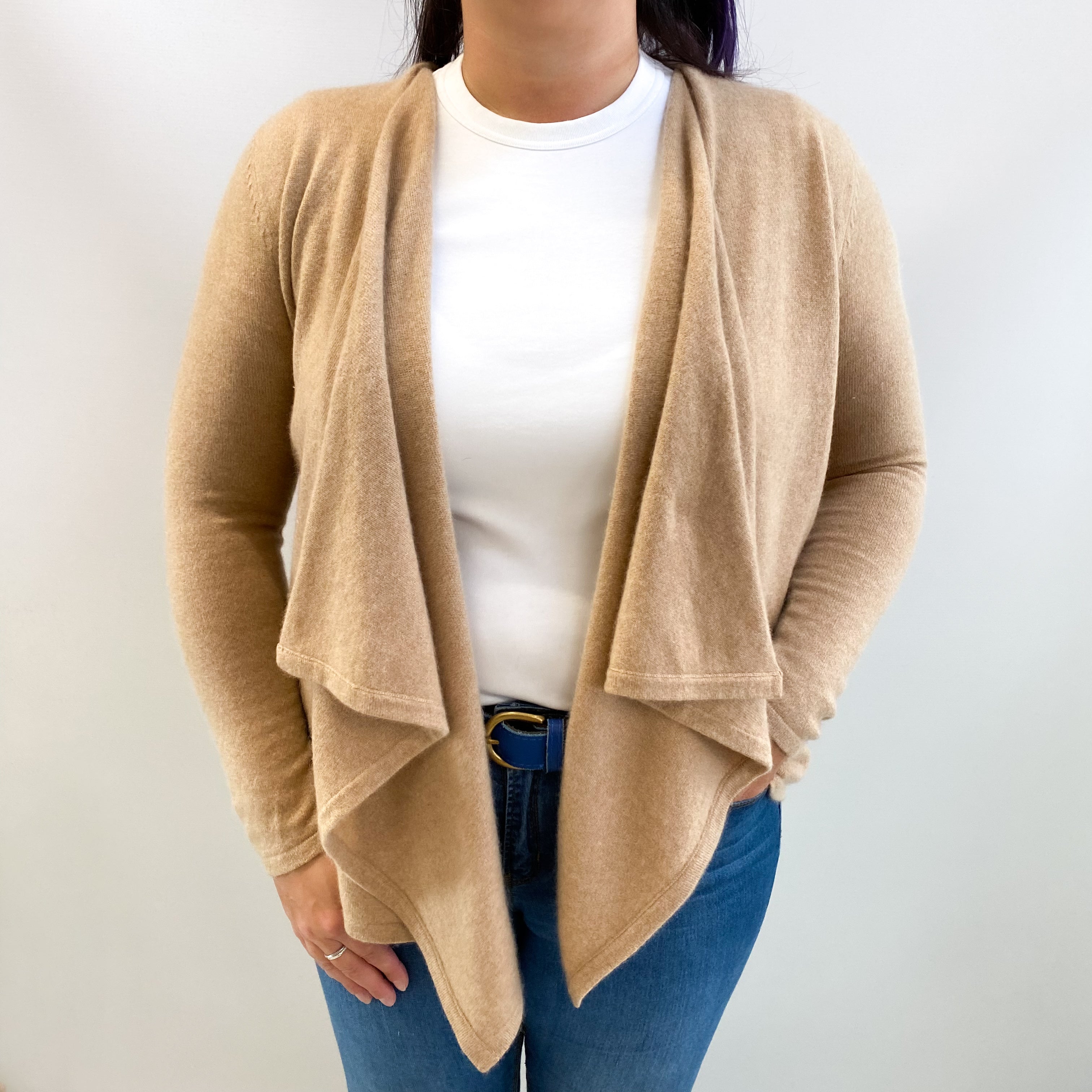 Caramel Brown Cashmere Waterfall Edge Cardigan Large