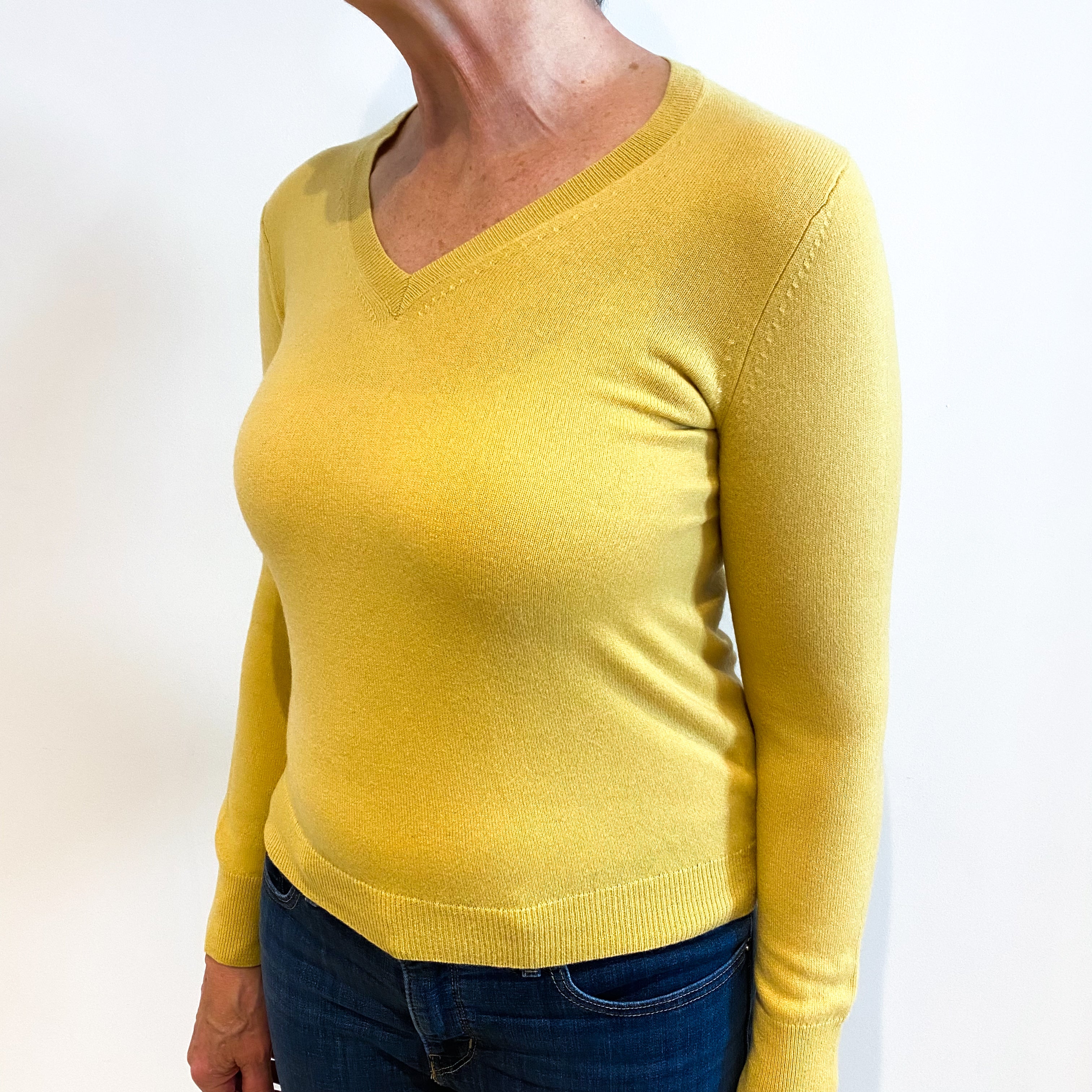 Mustard Yellow Cashmere V Neck Jumper Medium