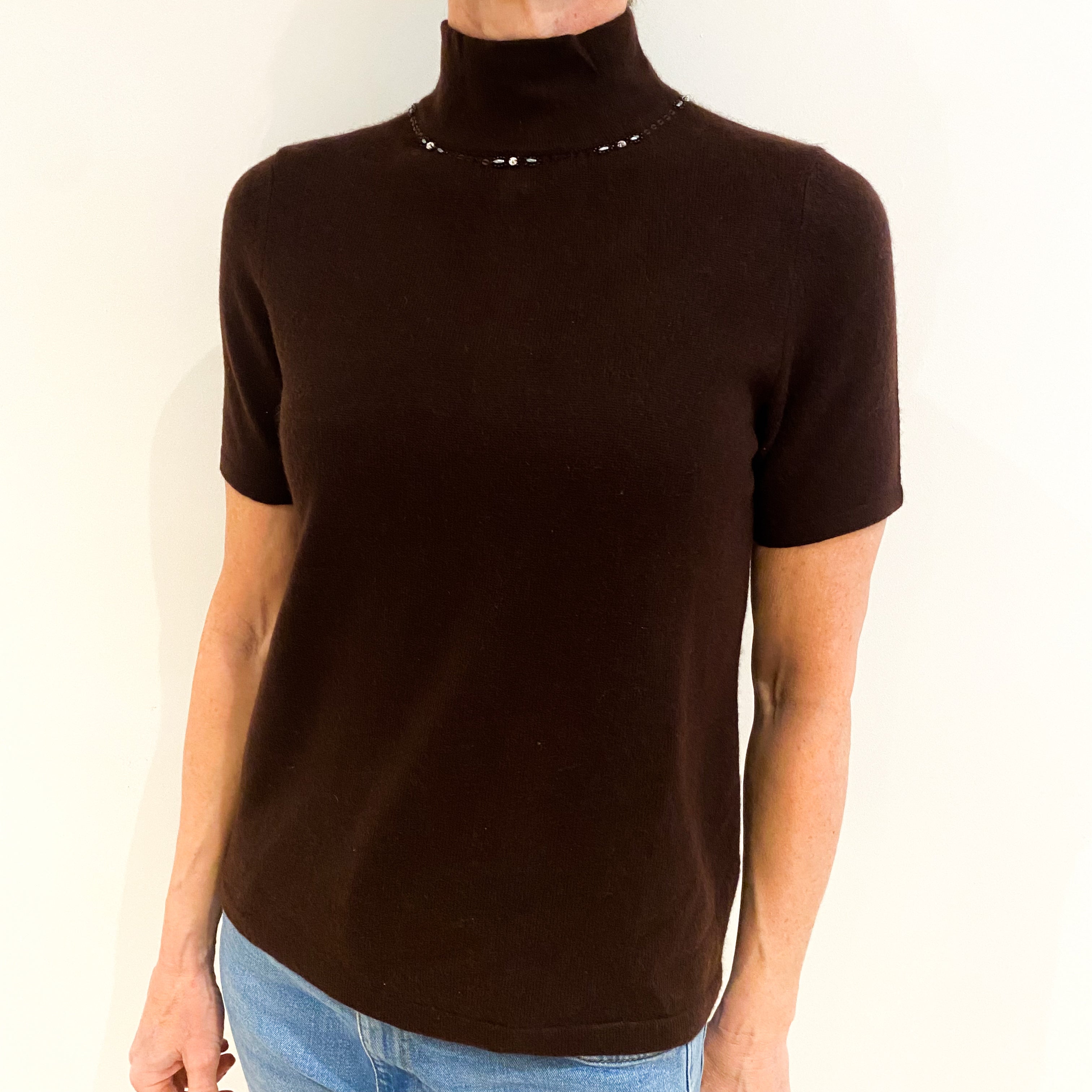Dark Chocolate Brown Short Sleeved Cashmere Turtle Neck Jumper Small