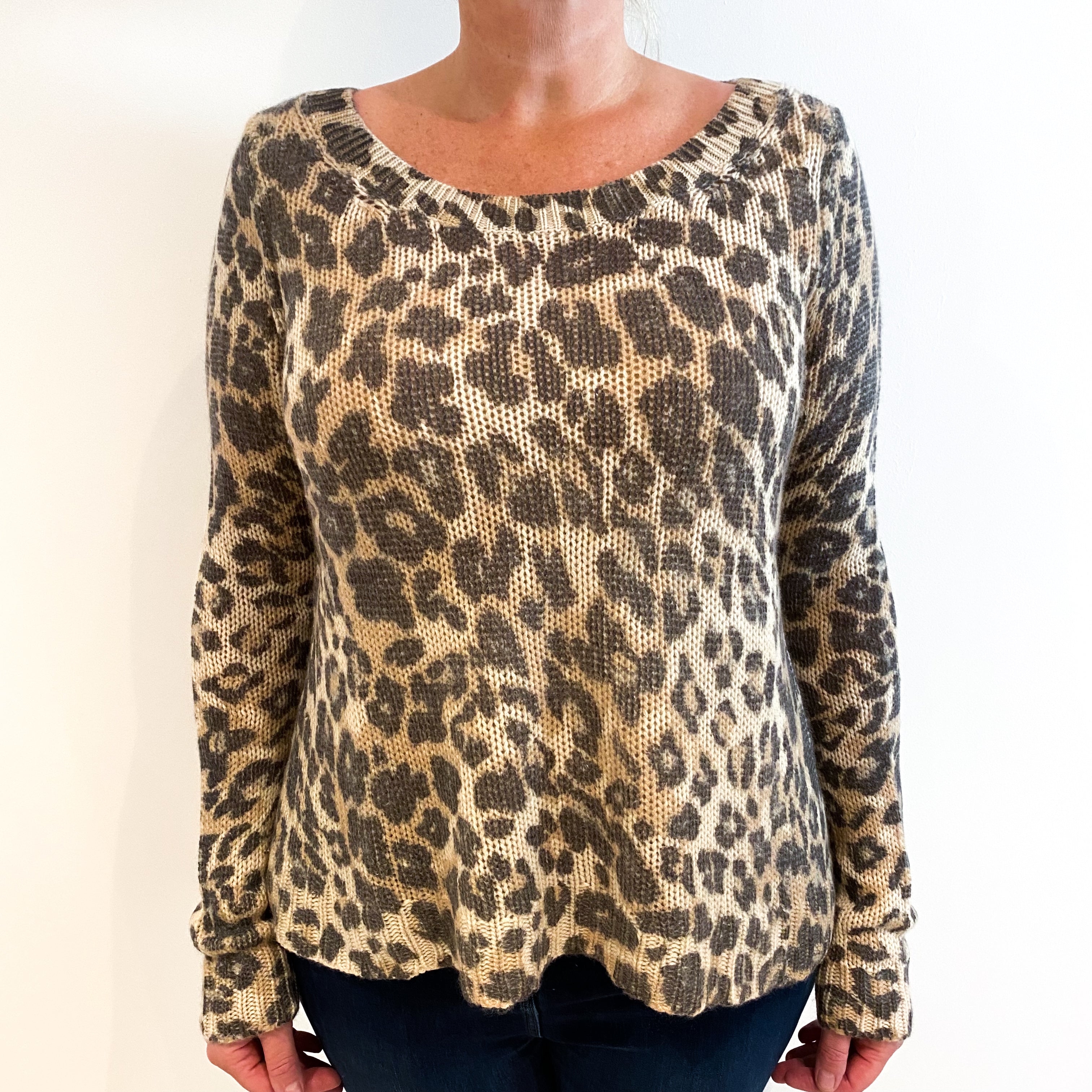 Leopard Print Chunky Knit Cashmere Crew Neck Jumper Large