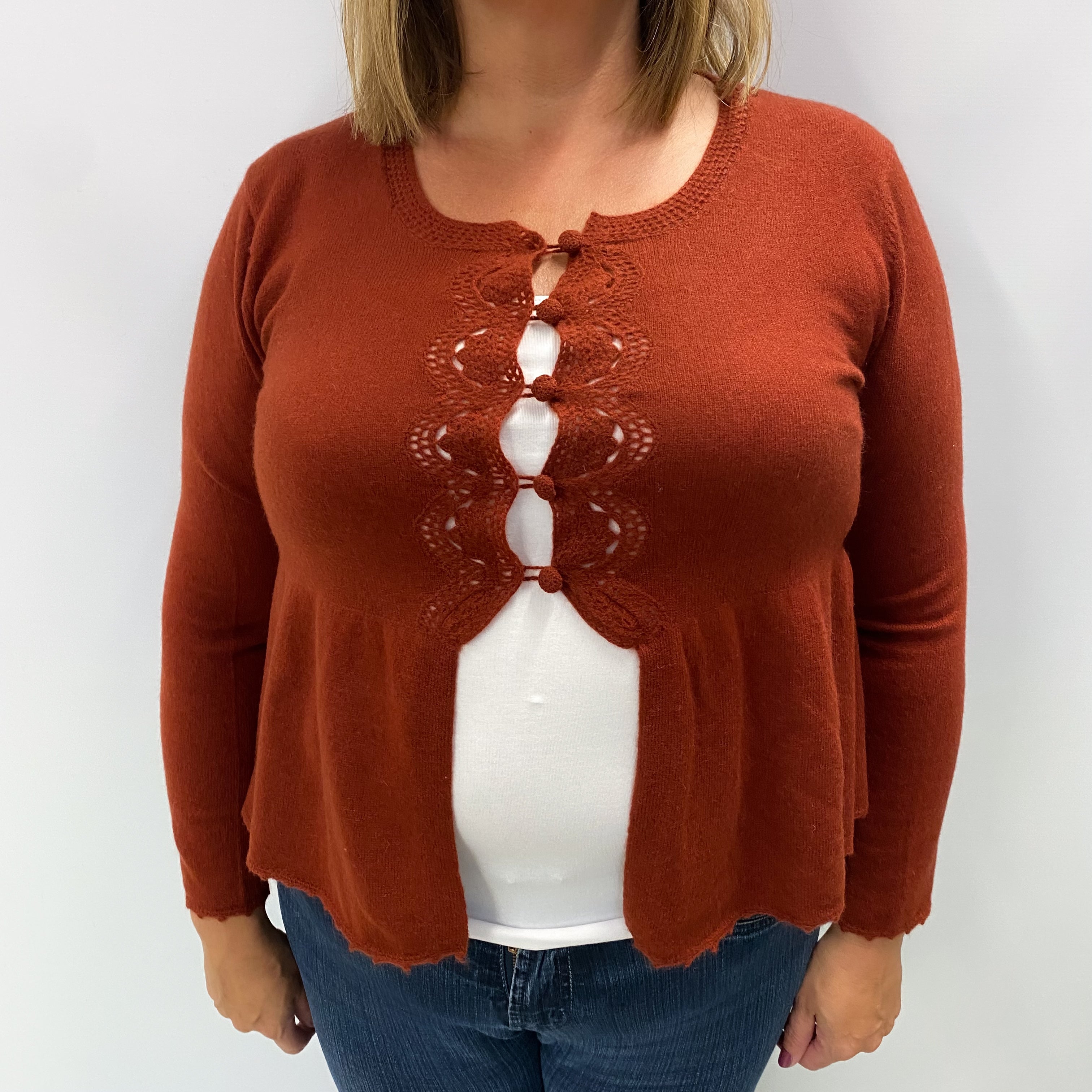 Brick Red Cashmere Crew Neck Cardigan Extra Large