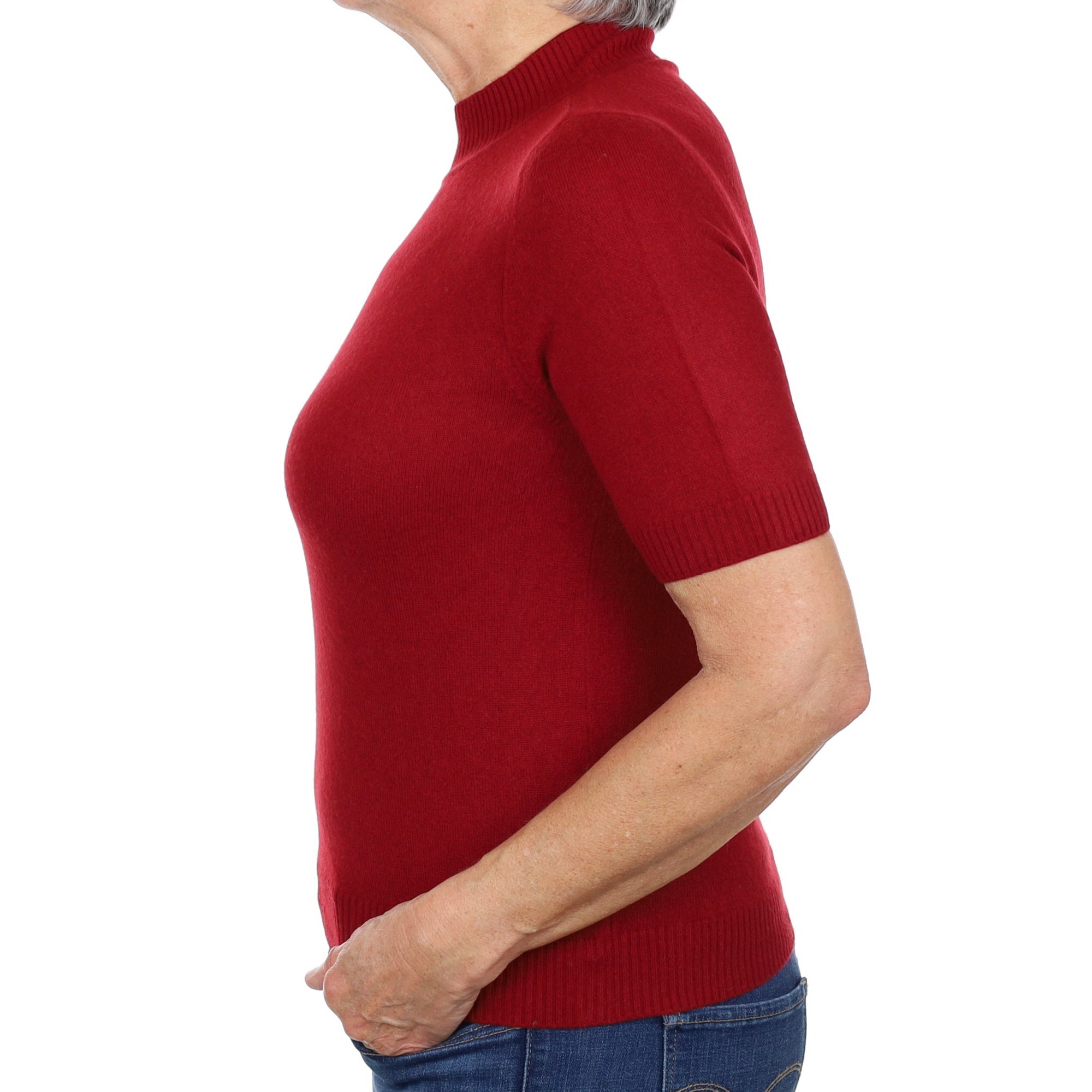 Crimson Red Cashmere Turtle Neck Jumper Short Sleeved Medium