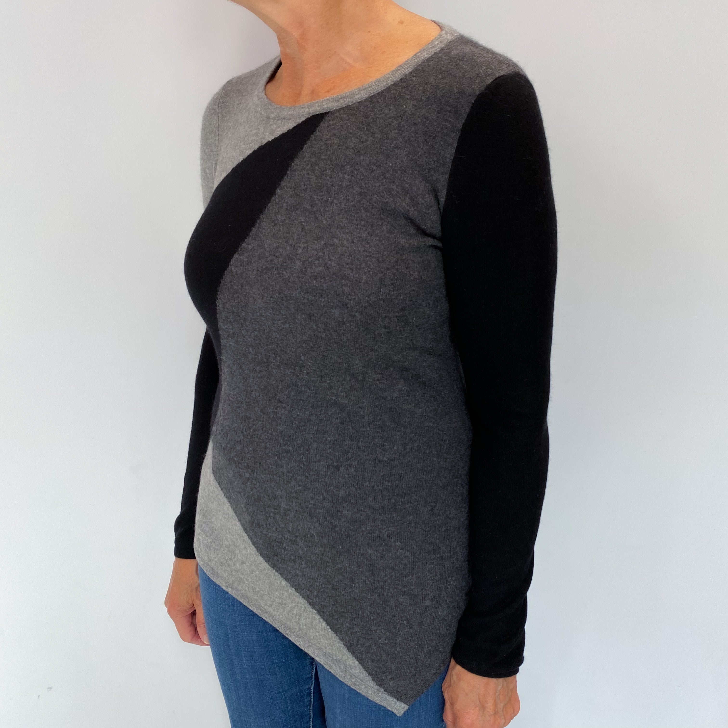 Black And Grey Colour Block Cashmere Crew Neck Jumper Medium
