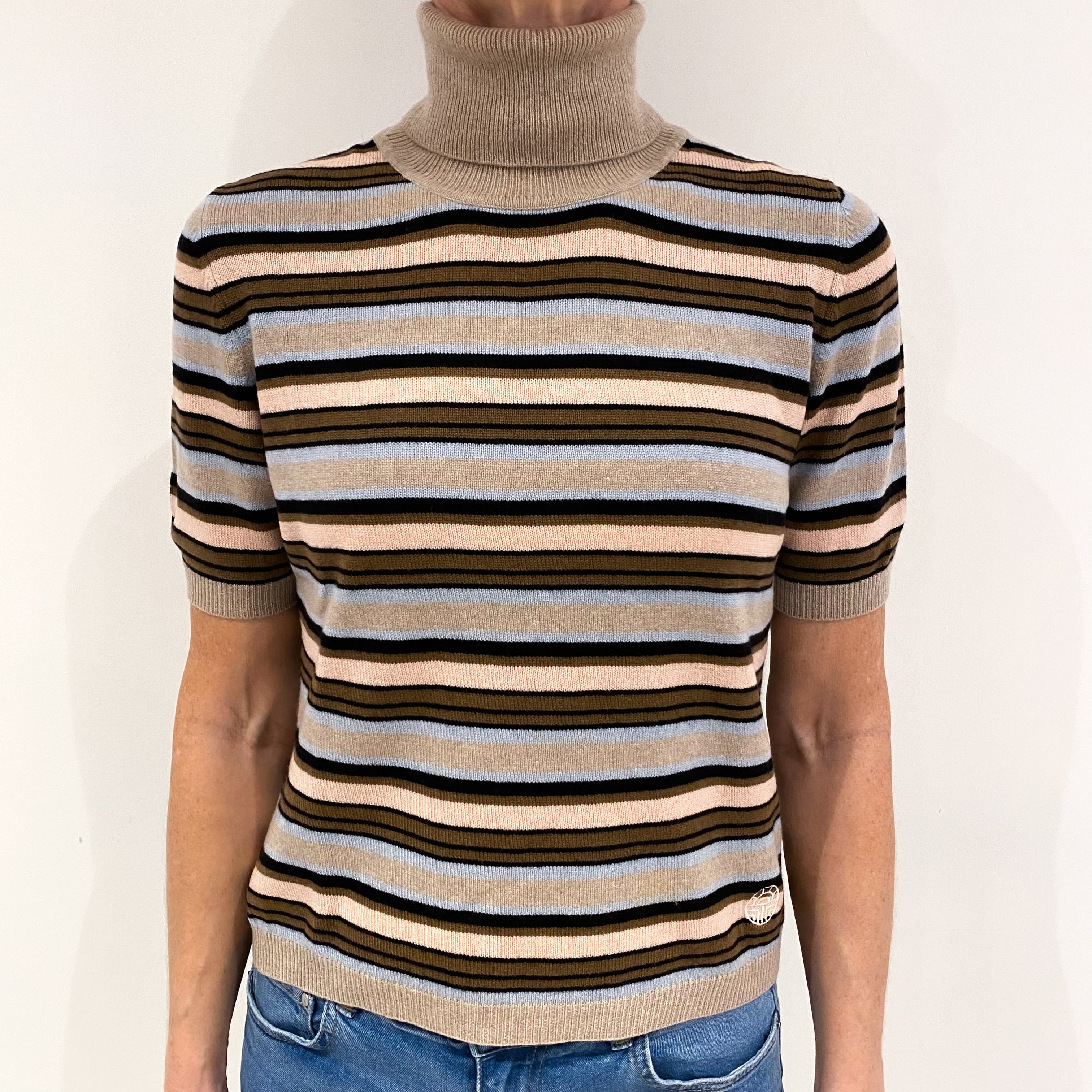 Brown and Black Stripe Cashmere Short Sleeve Polo Neck Jumper Small
