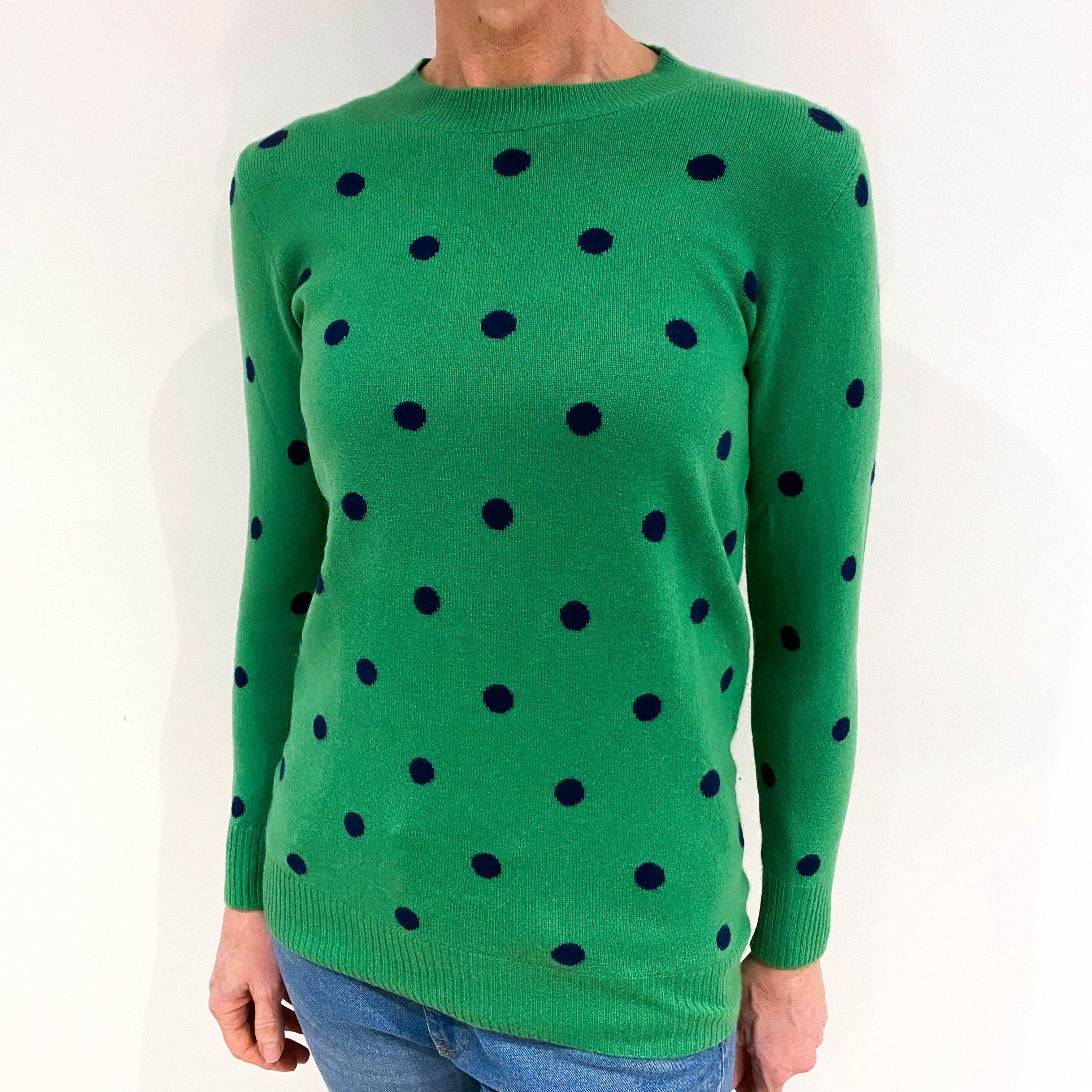 Jade Green Navy Spotty Cashmere Crew Neck Jumper Small