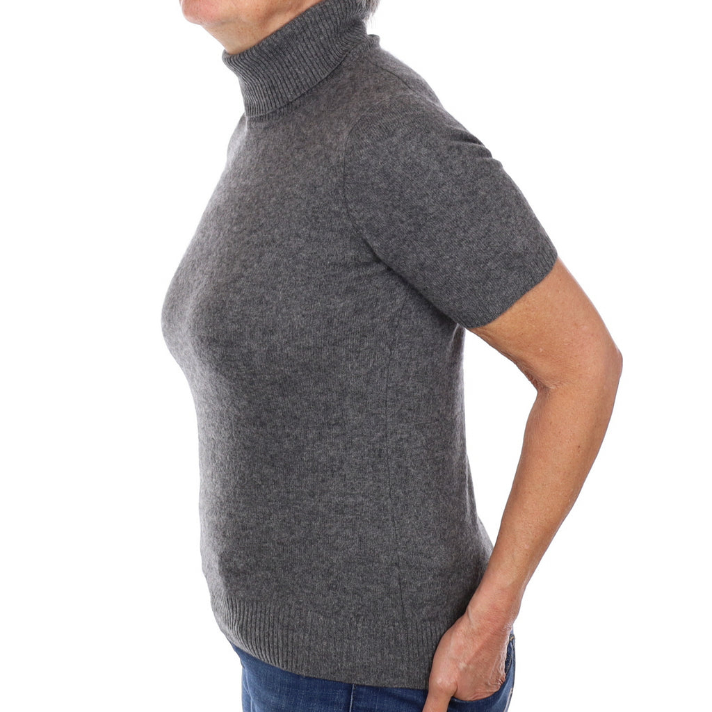 Slate Grey Cashmere Short Sleeve Polo Neck Jumper Medium