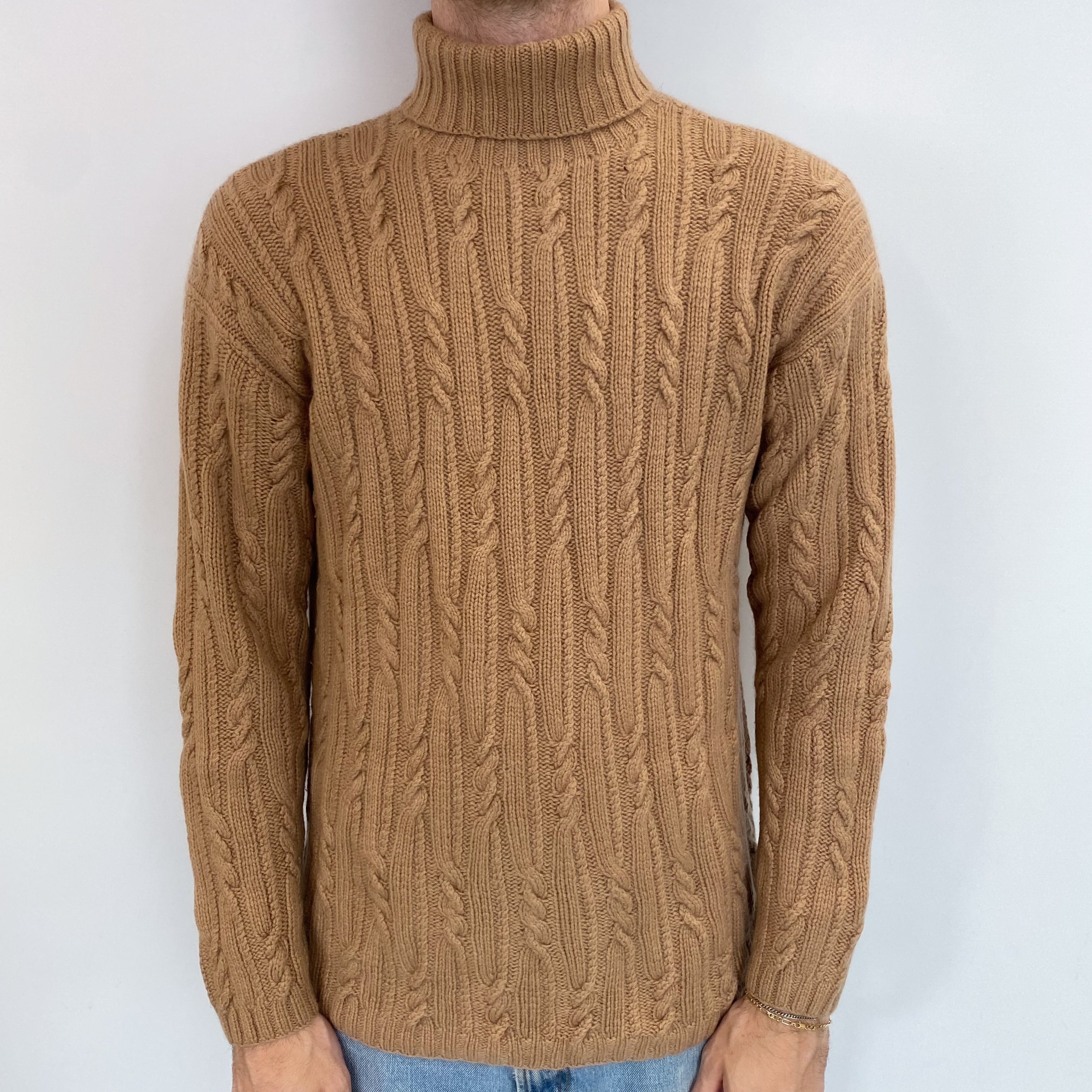 Men's Caramel Brown Cashmere Polo Neck Jumper Medium