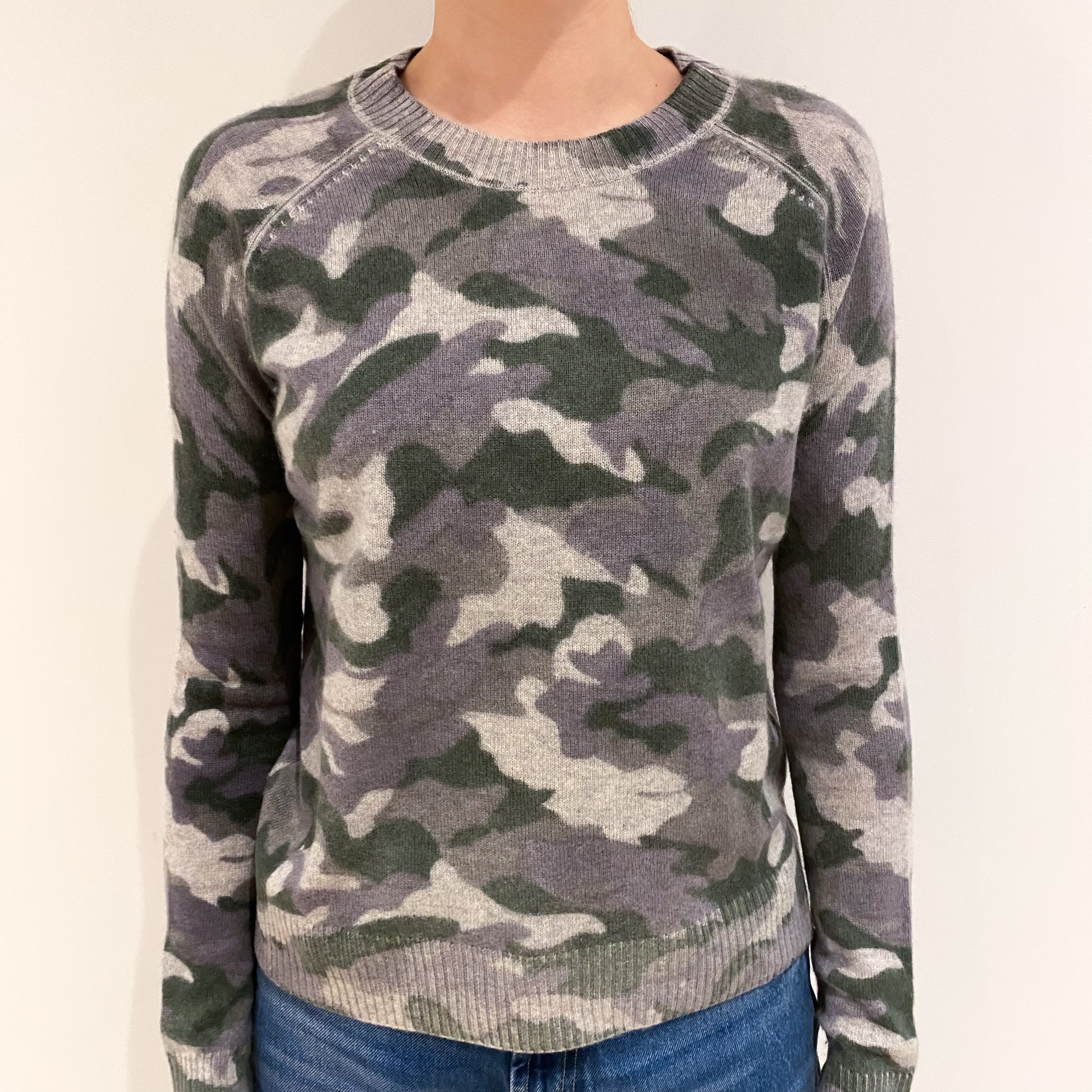 Grey Camouflage Print Cashmere Crew Neck Jumper Extra Small