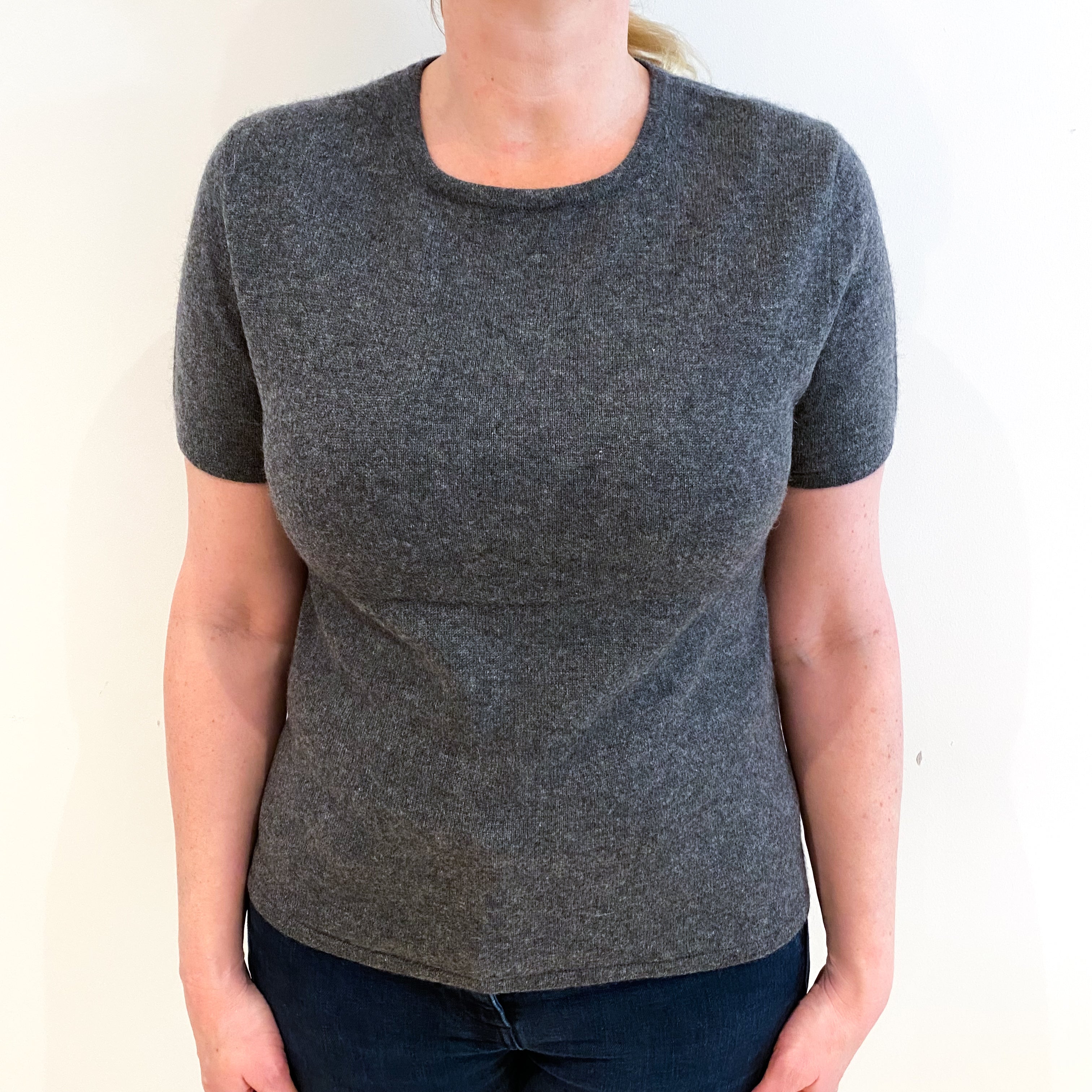 Slate Grey Cashmere Crew Neck Short Sleeved Jumper Large