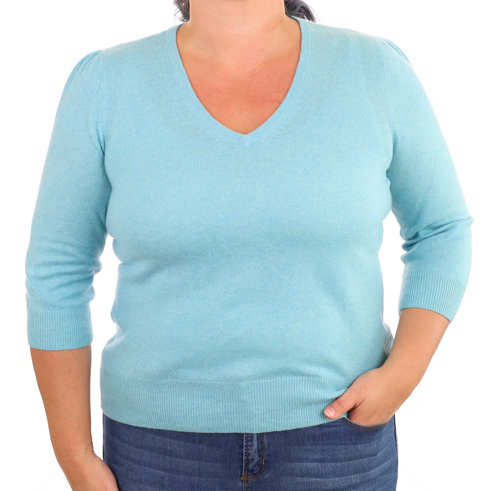 Aqua Blue Cashmere 3/4 Sleeve V Neck Jumper Large