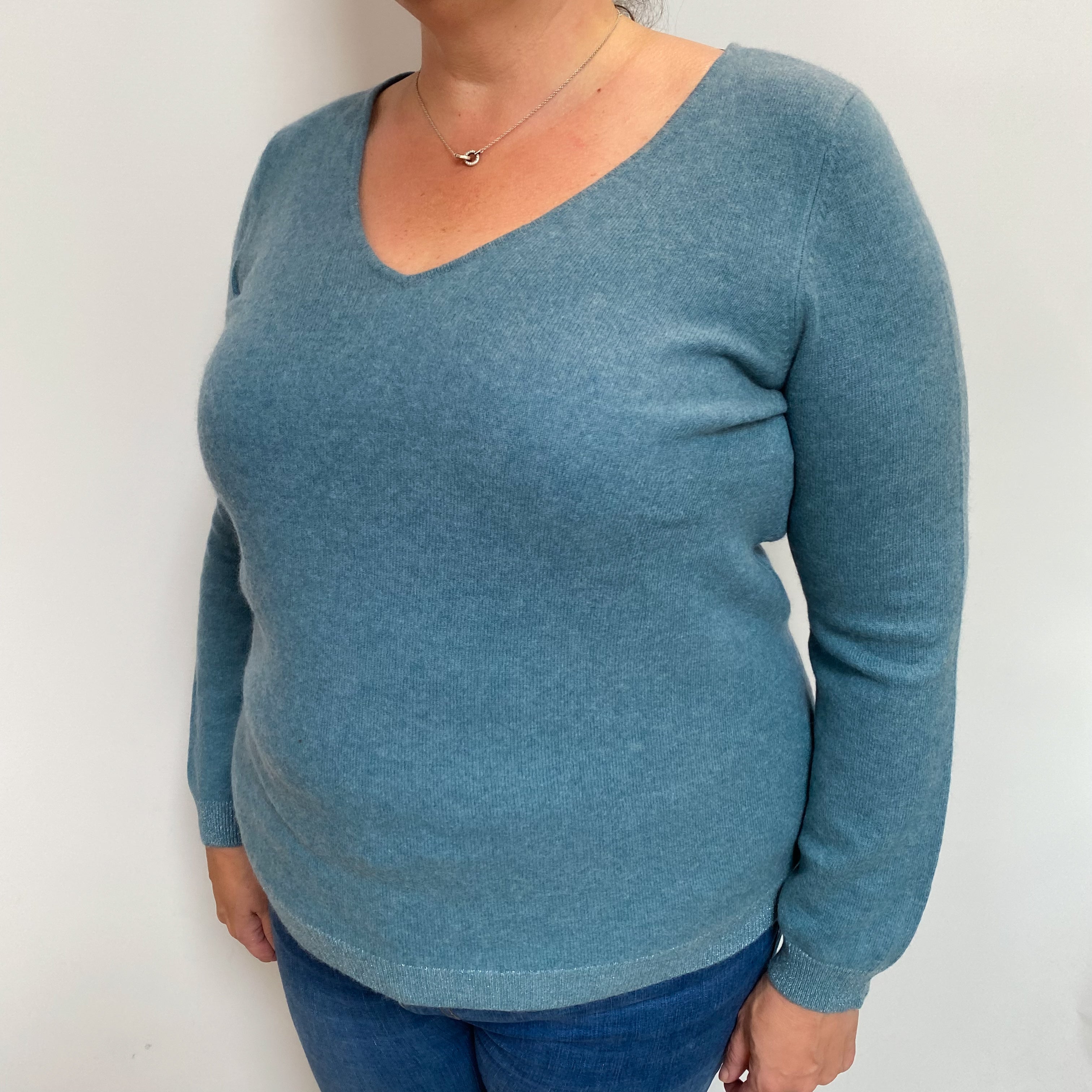 Mediterranean Blue Cashmere V Neck Jumper Extra Large
