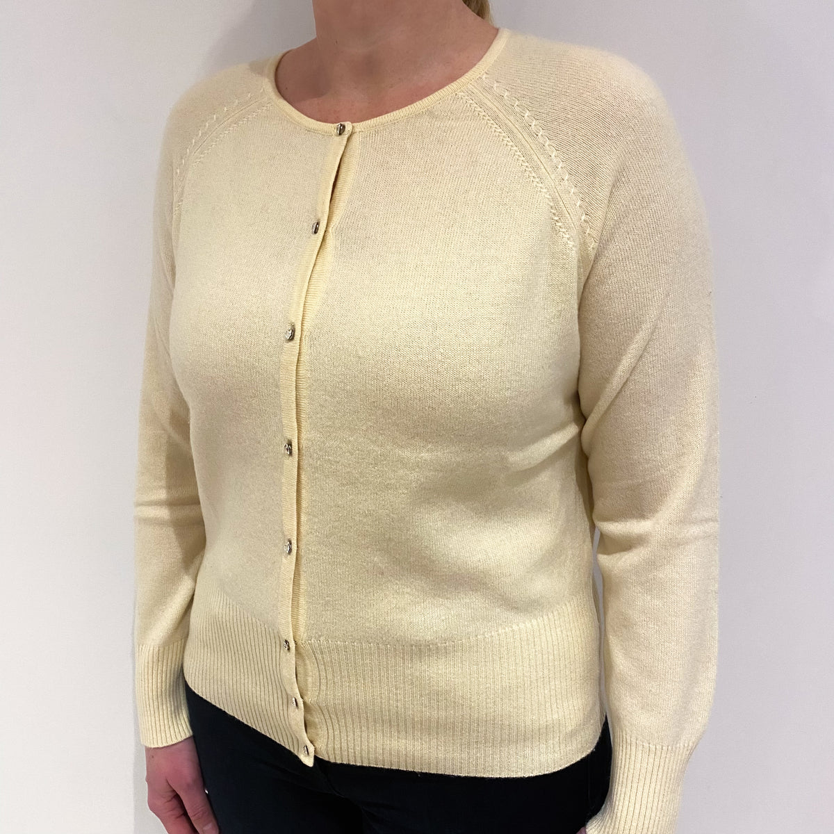 Pale Primrose Yellow Cashmere Crew Neck Cardigan Large