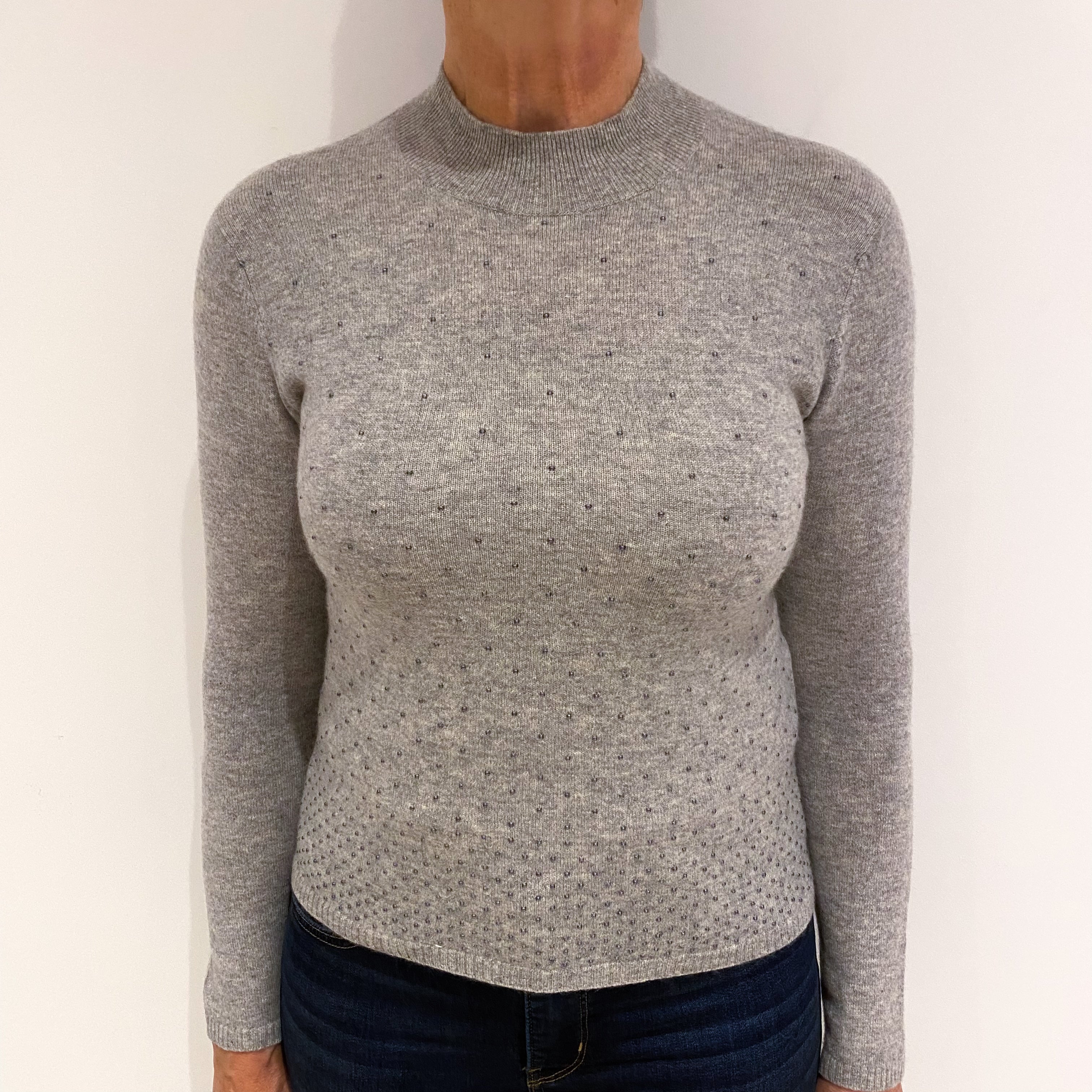 Smoke Grey Embellished Cashmere Turtle Neck Jumper Medium