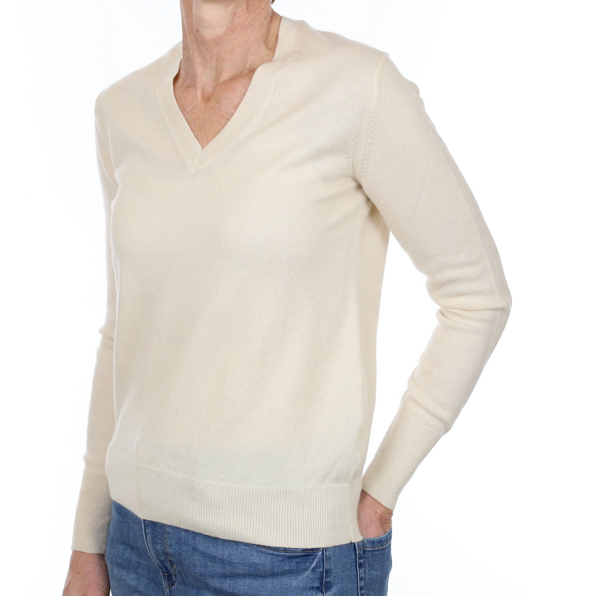 Vanilla Cream Cashmere V Neck Jumper Small